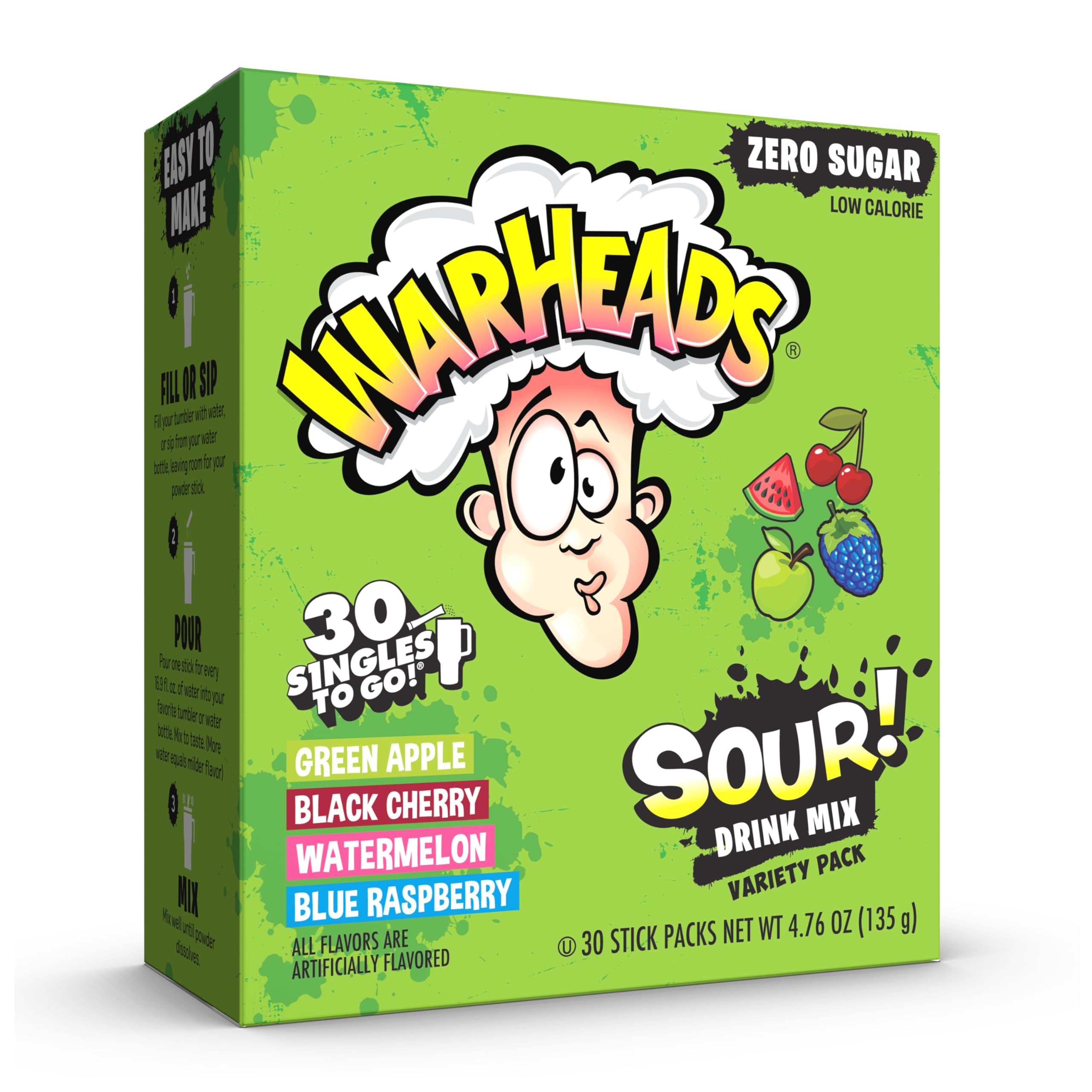 SINGLES TO GO Warheads green apple stick for on-the-go hydration with bold sour flavor.