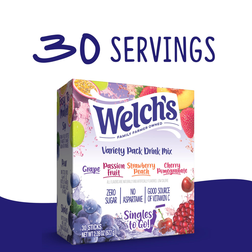 Welch's Singles To Go packets close-up featuring passion fruit for refreshing water