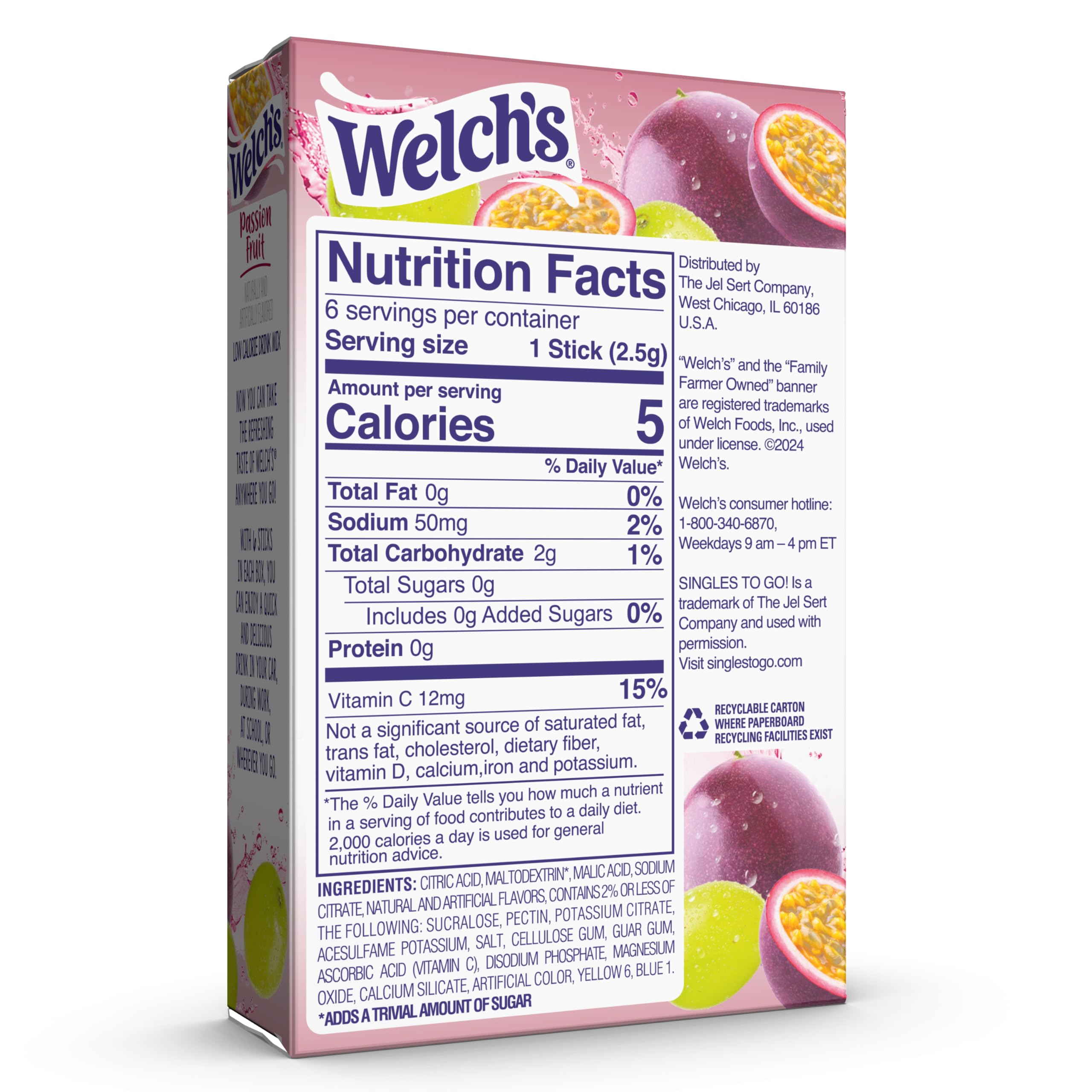 Welch's Singles To Go Passion Fruit drink mix in a glass with a refreshing aroma.