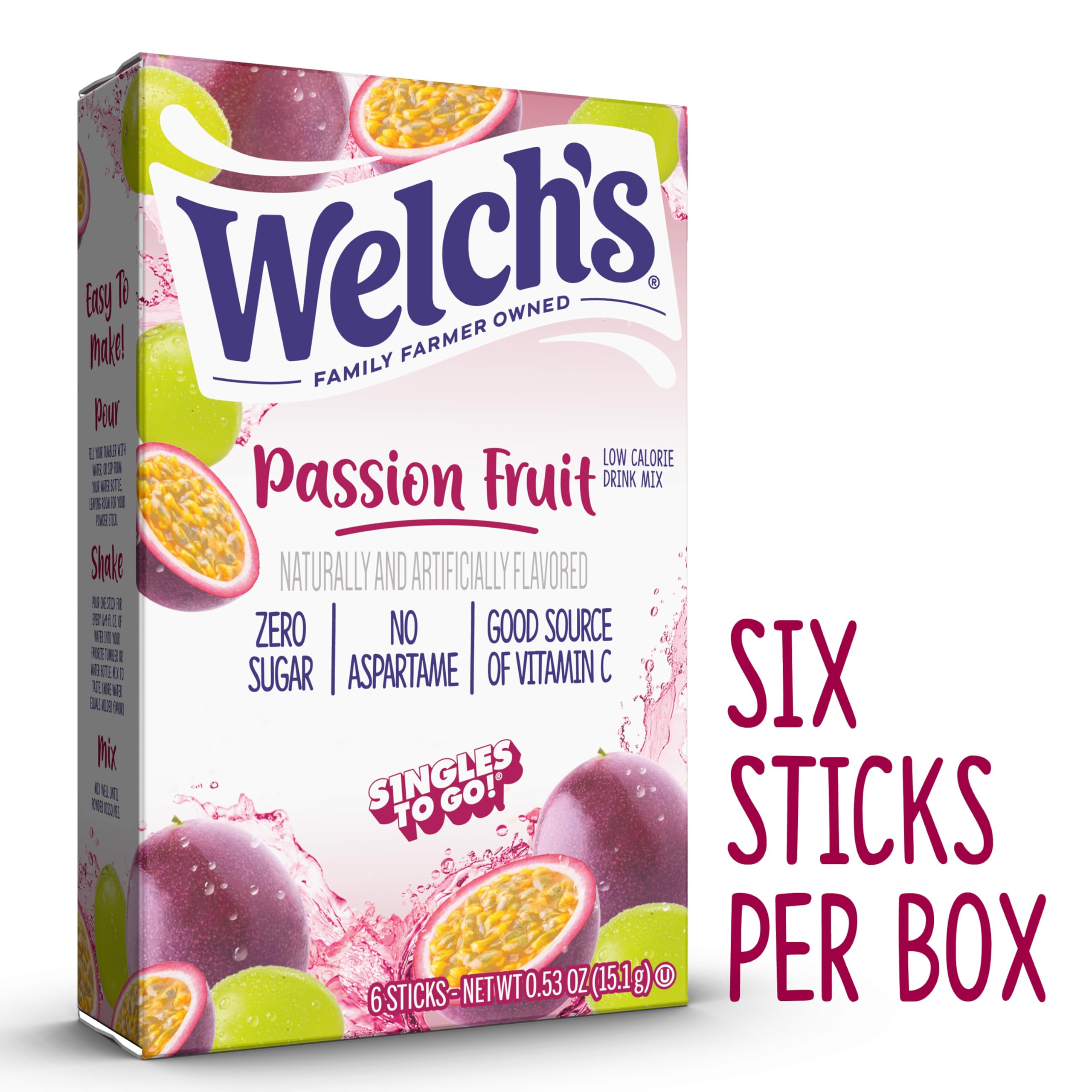 Welch's Singles To Go Passion Fruit packets ready to shake into water.