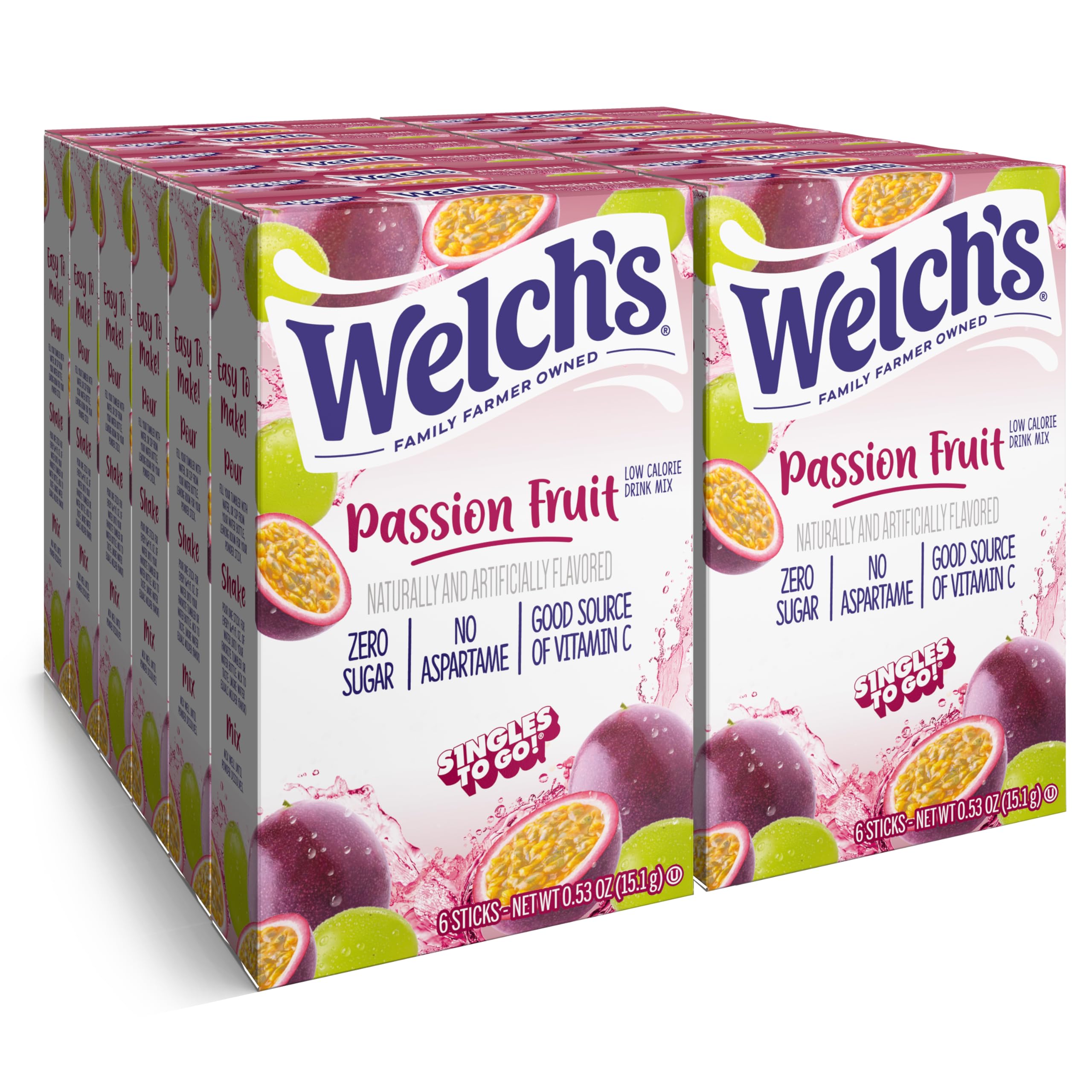 Welch's Singles To Go Passion Fruit stick packet for quick, flavorful hydration on the go.
