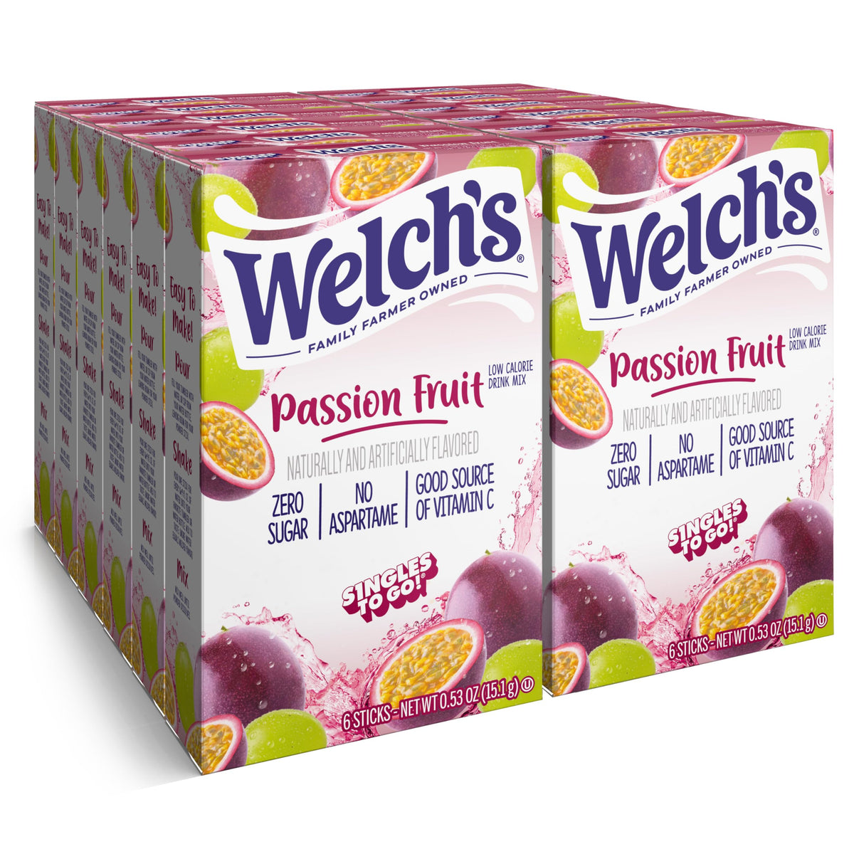 Welch's Singles To Go Passion Fruit stick packet for quick, flavorful hydration on the go.