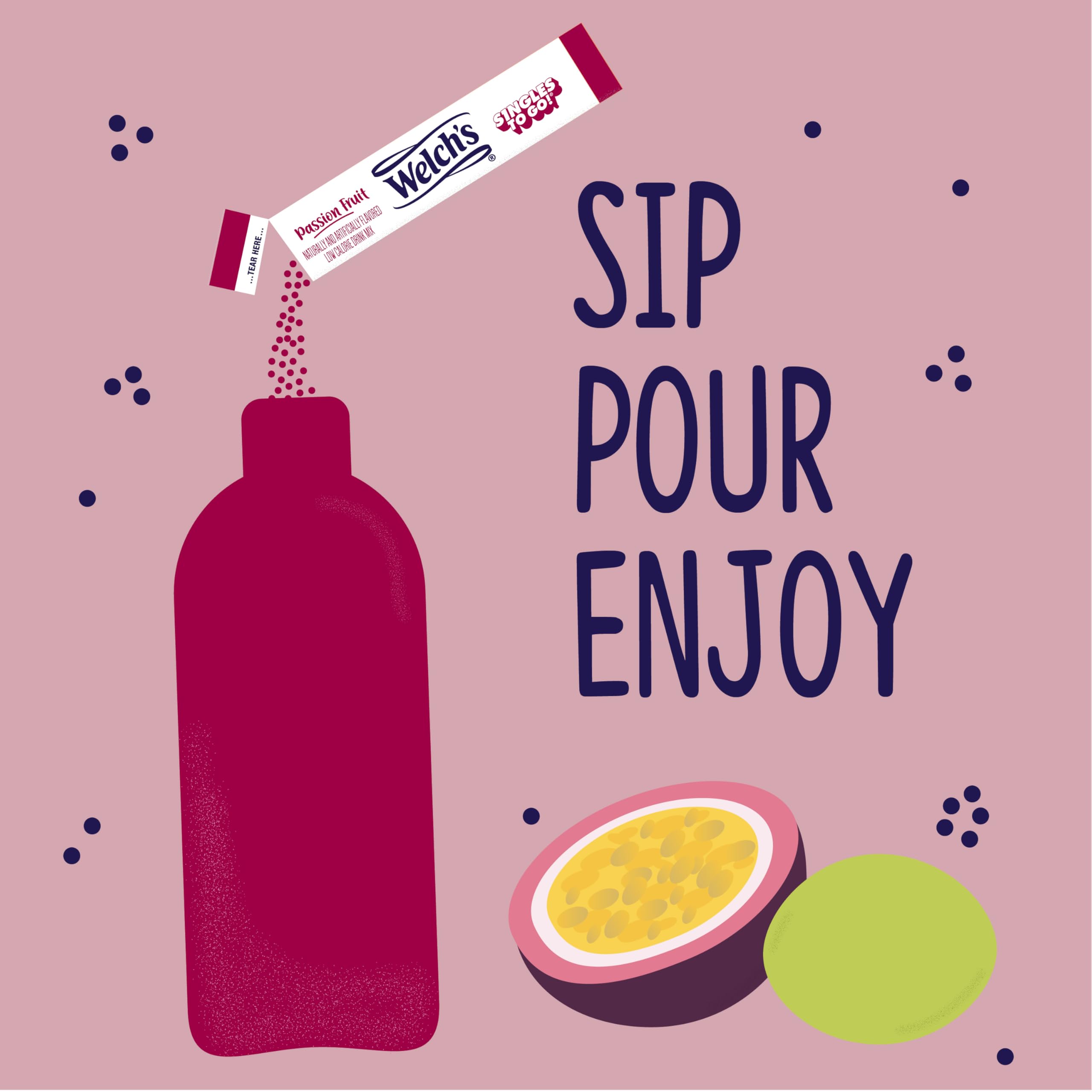 Welch's Singles To Go Passion Fruit flavor for everyday hydration on the go.