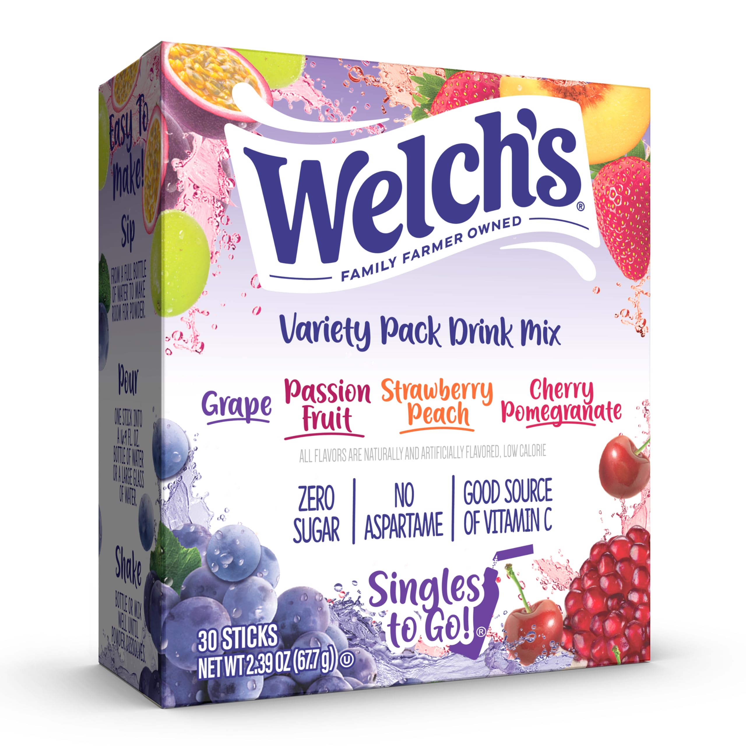 Welch's Singles To Go variety pack box front shows four flavors for on-the-go hydration