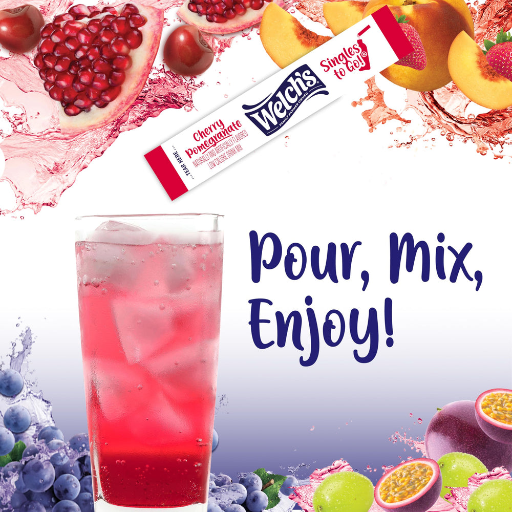 Welch's Singles To Go poured into a glass ready to enjoy a flavorful sip