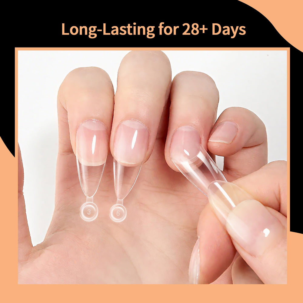 SITELENABY almond nail tips application demonstrates easy DIY styling.