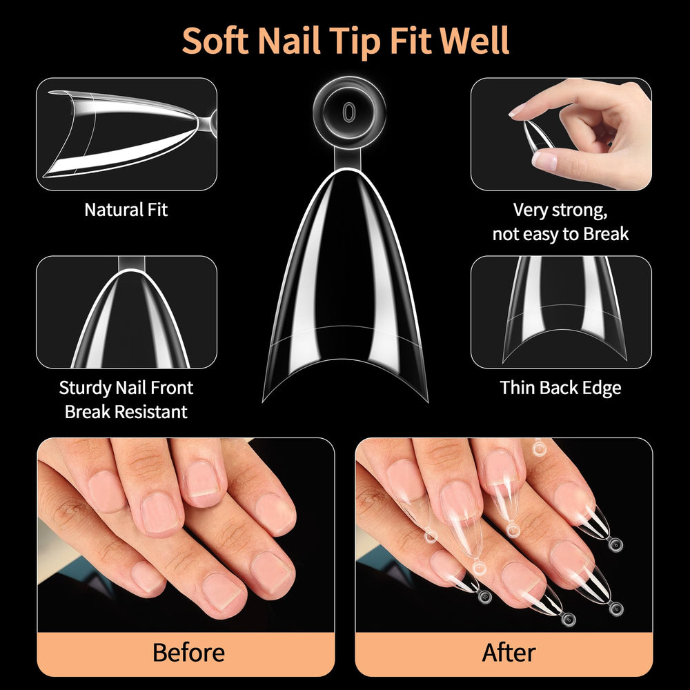 SITELENABY almond tips closeup reveals clear gel for natural length.