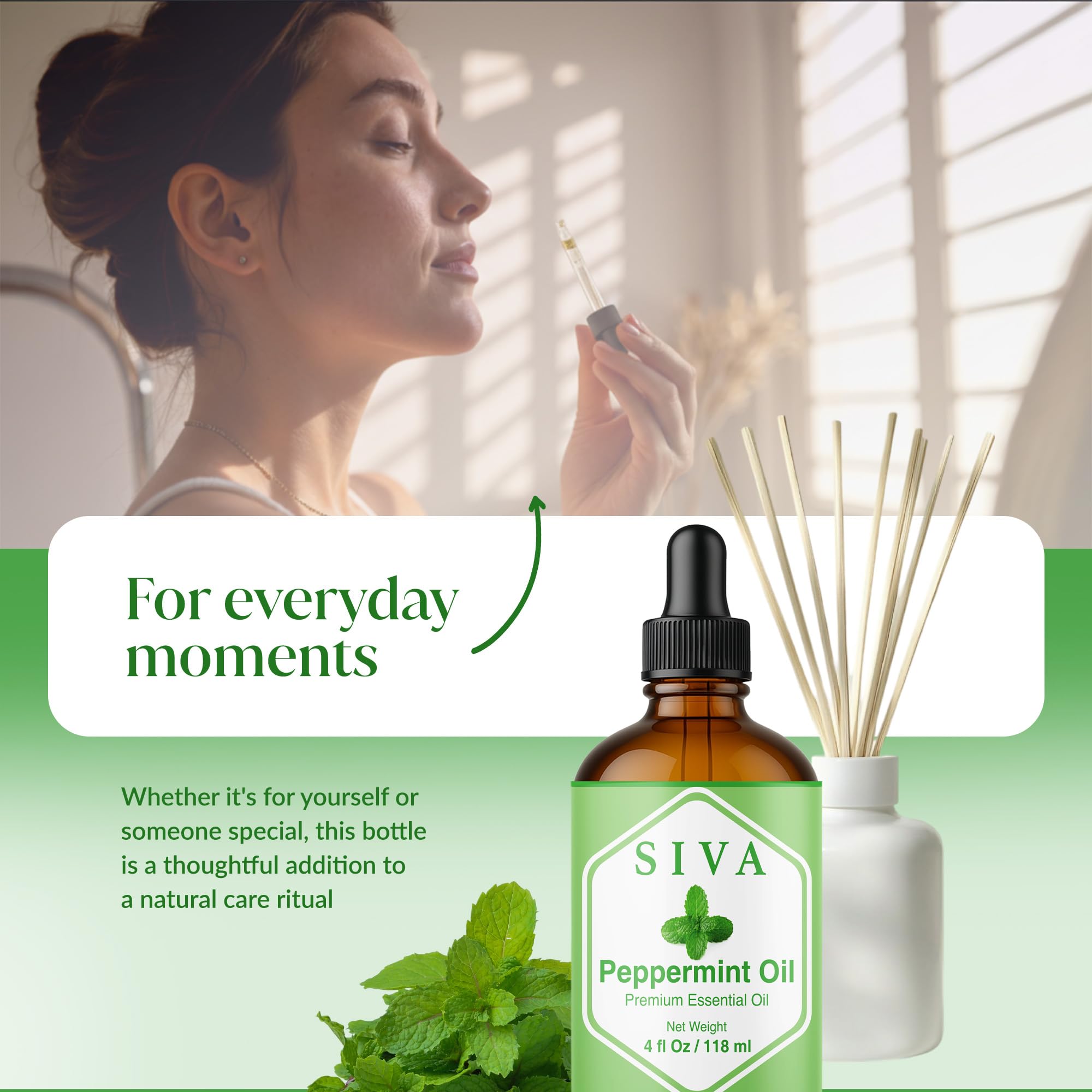 SIVA Peppermint Oil dropper enables precise application.