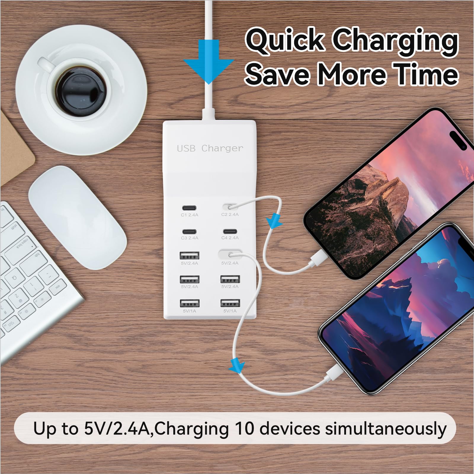 SIWMER USB charging station side view showing six USB-A and four USB-C ports.