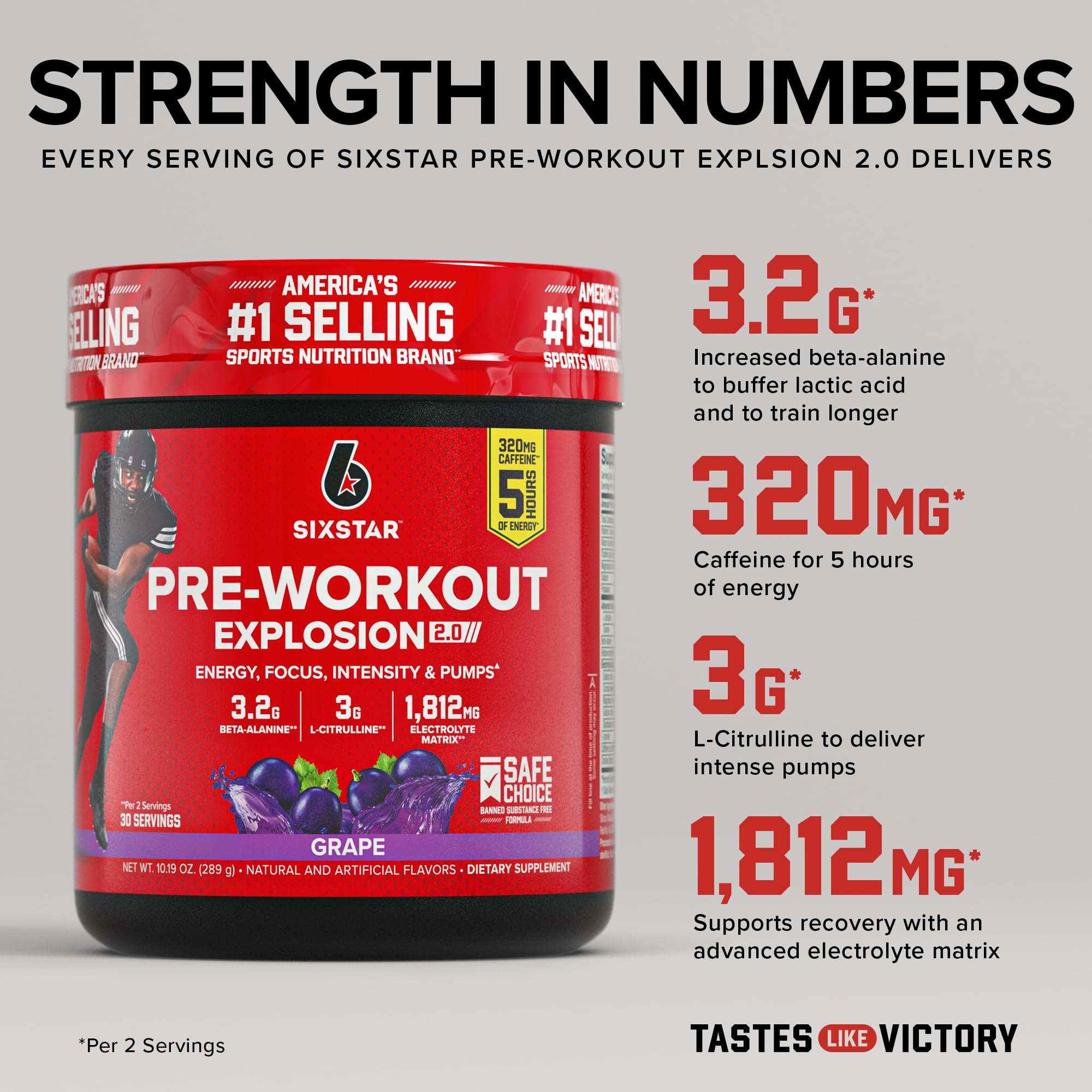 Six Star Explosion grape scoop highlights easy pre-workout serving.