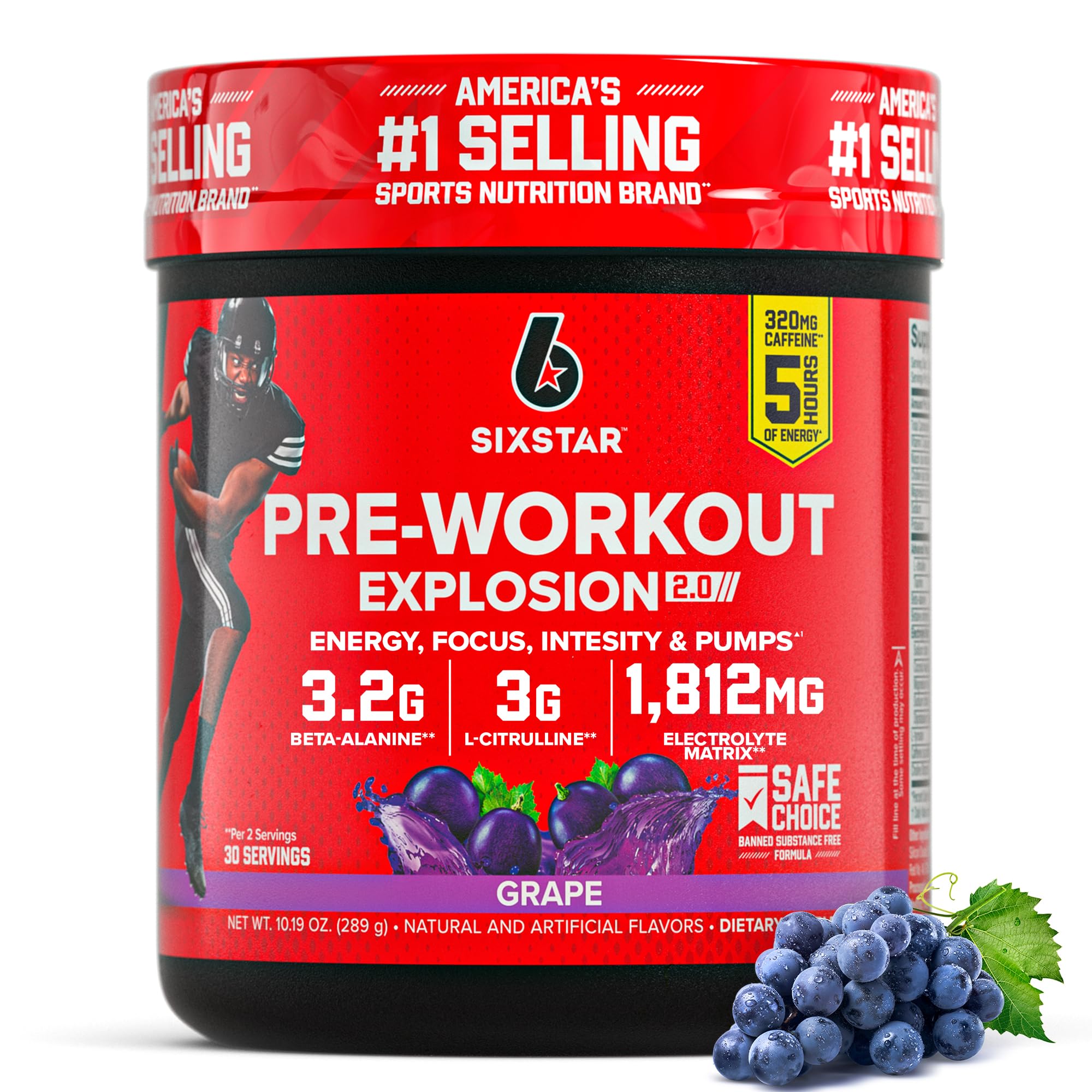 Six Star Explosion grape tub showing bold flavor and ready-to-use powder.