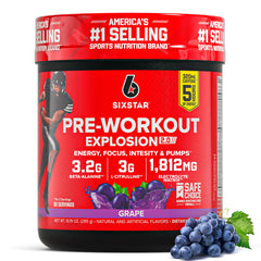 Six Star Explosion grape tub showing bold flavor and ready-to-use powder.