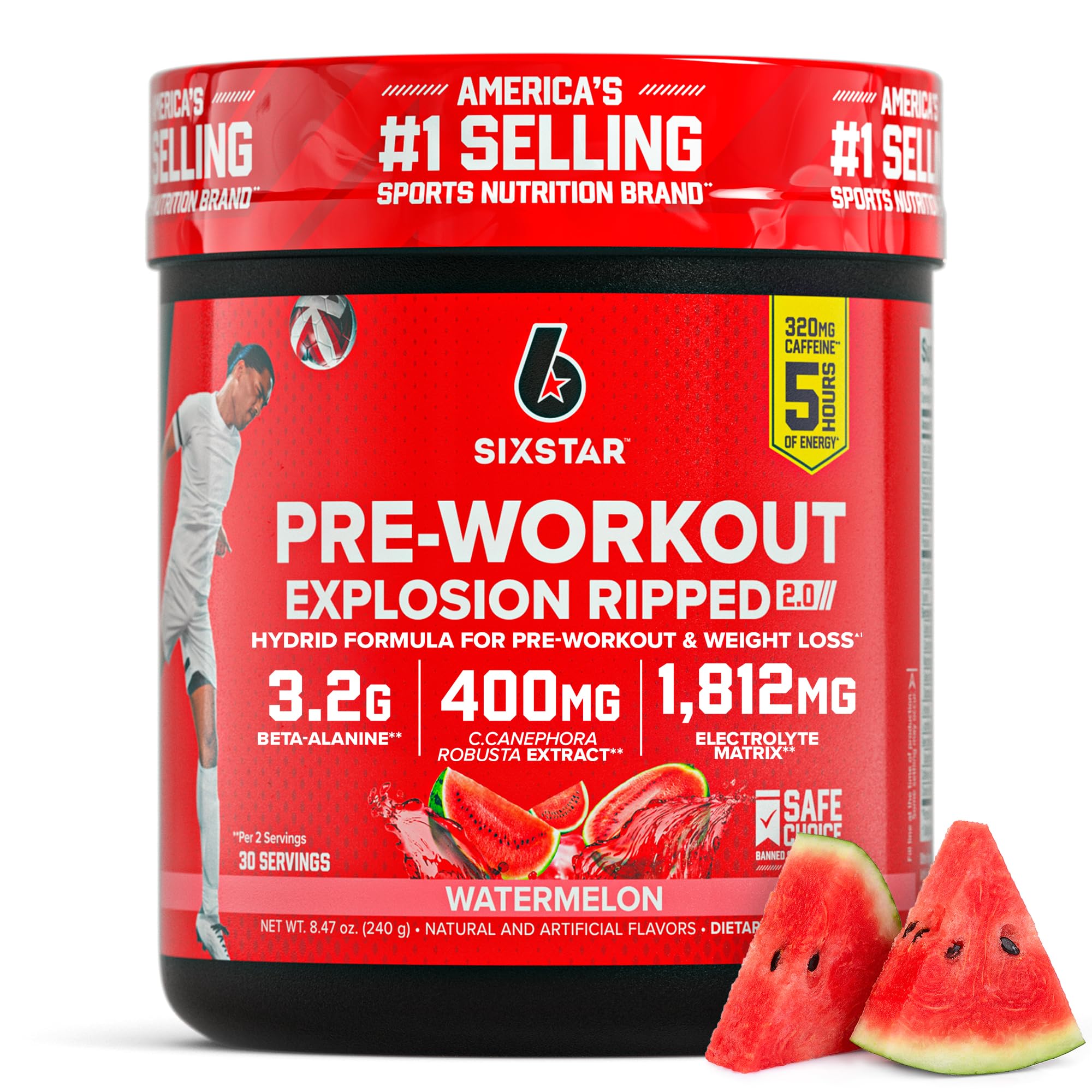 Six Star Pre-Workout Explosion Watermelon bottle ready to fuel workouts with sustained energy.