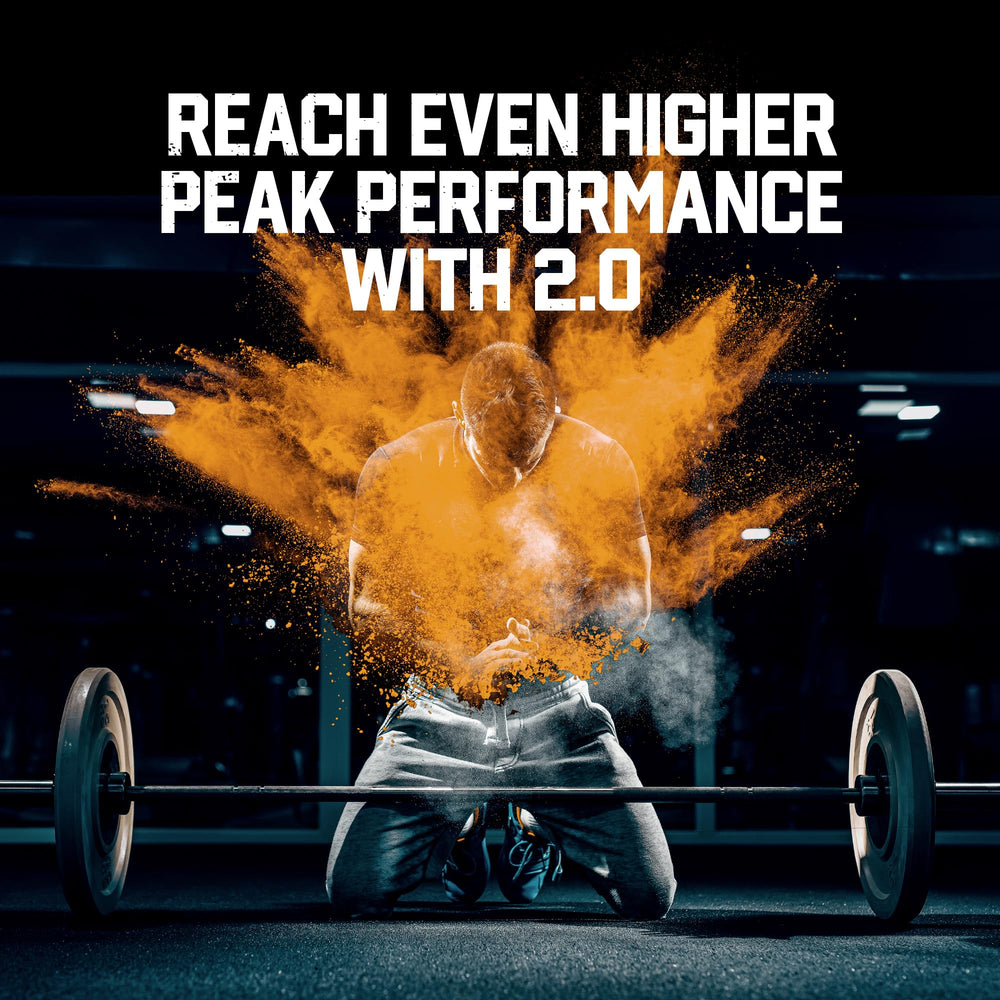 Six Star Pre-Workout Explosion Peach Mango bottle dispensing powder during training.