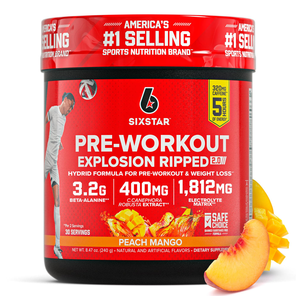 Six Star Pre-Workout Explosion Peach Mango bottle front shows the fruity flavor for workouts.
