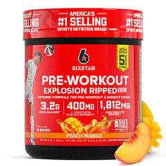 Six Star Pre-Workout Explosion Peach Mango bottle front shows the fruity flavor for workouts.