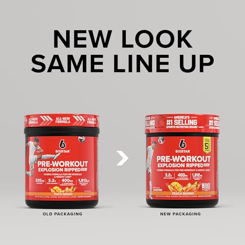 Six Star Pre-Workout Explosion Peach Mango scoop ready to mix for energy.