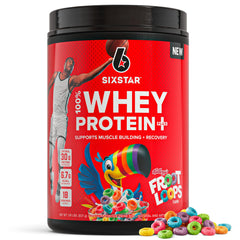 Six Star Whey Protein Plus bottle pouring after a workout to fuel recovery.