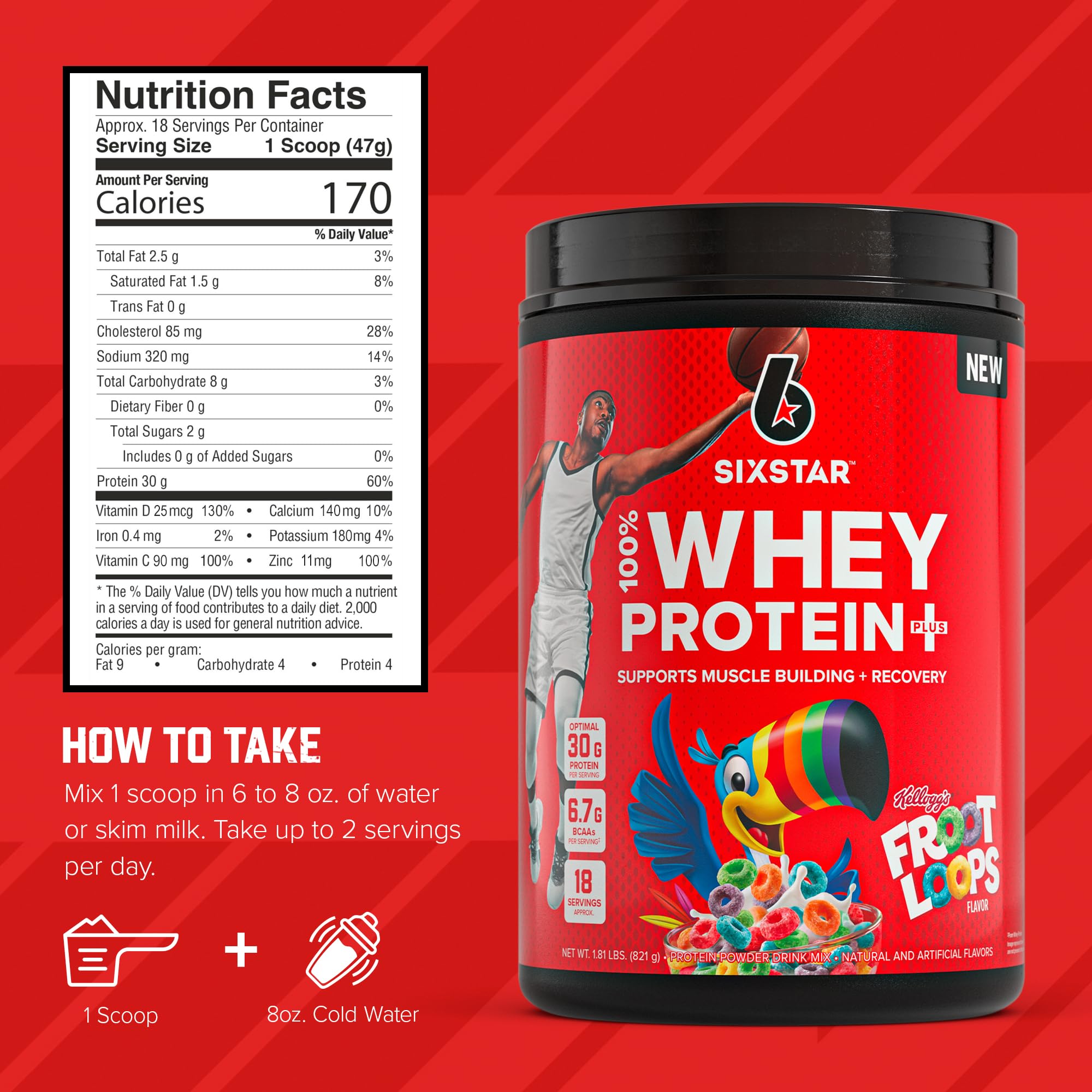 Six Star Whey Plus nutrition panel closeup emphasizing protein and BCAAs.