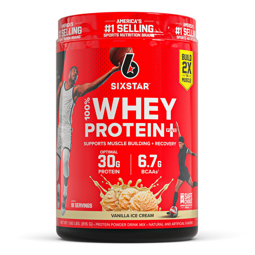 Six Star Whey Protein Plus bottle with vanilla cream for post-workout recovery
