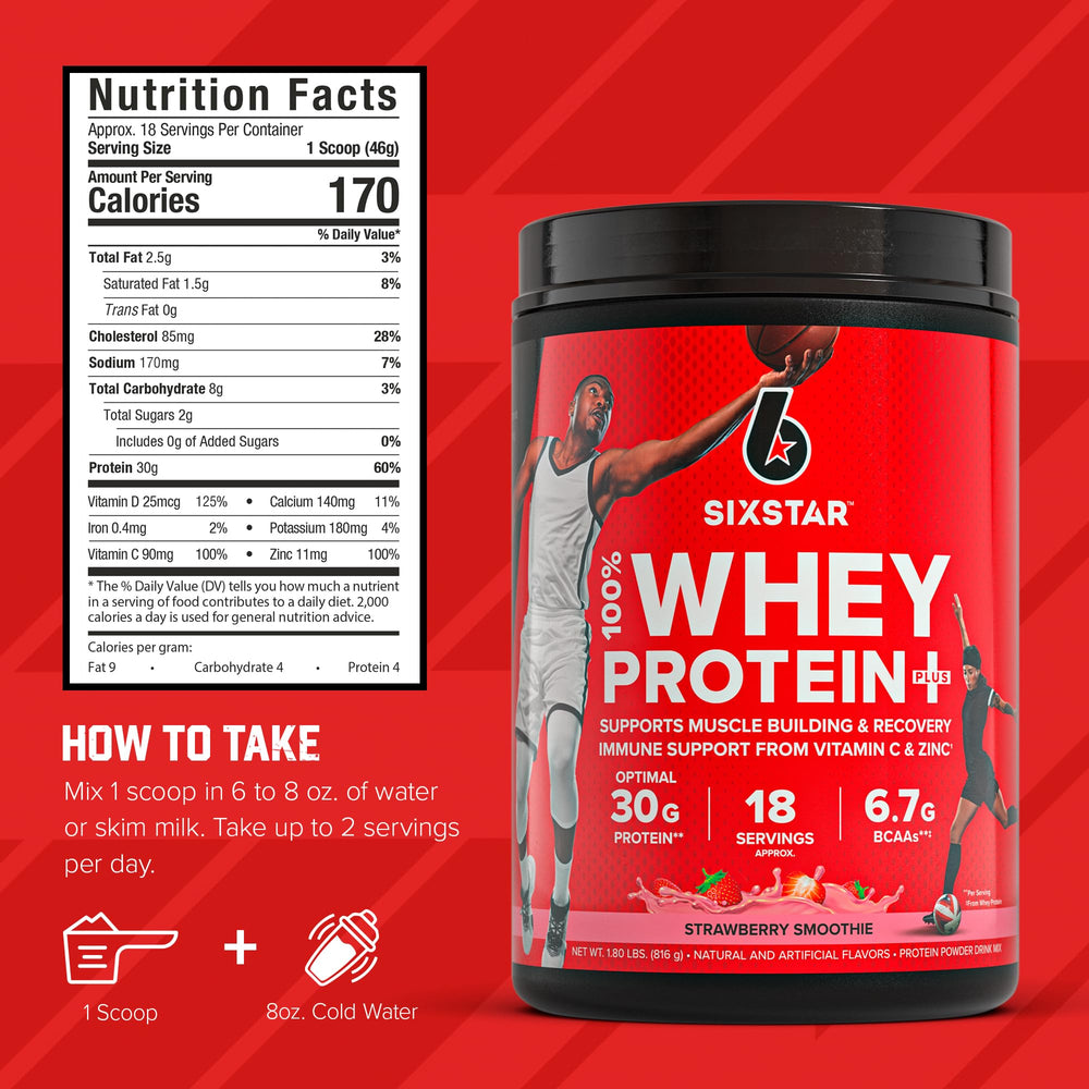 Six Star Whey Protein Plus nutrition label shows vitamin C and zinc.