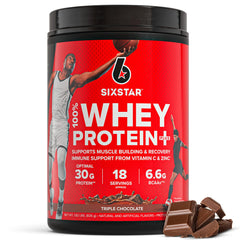 Six Star Whey Protein Plus triple chocolate tub for post-workout fueling.
