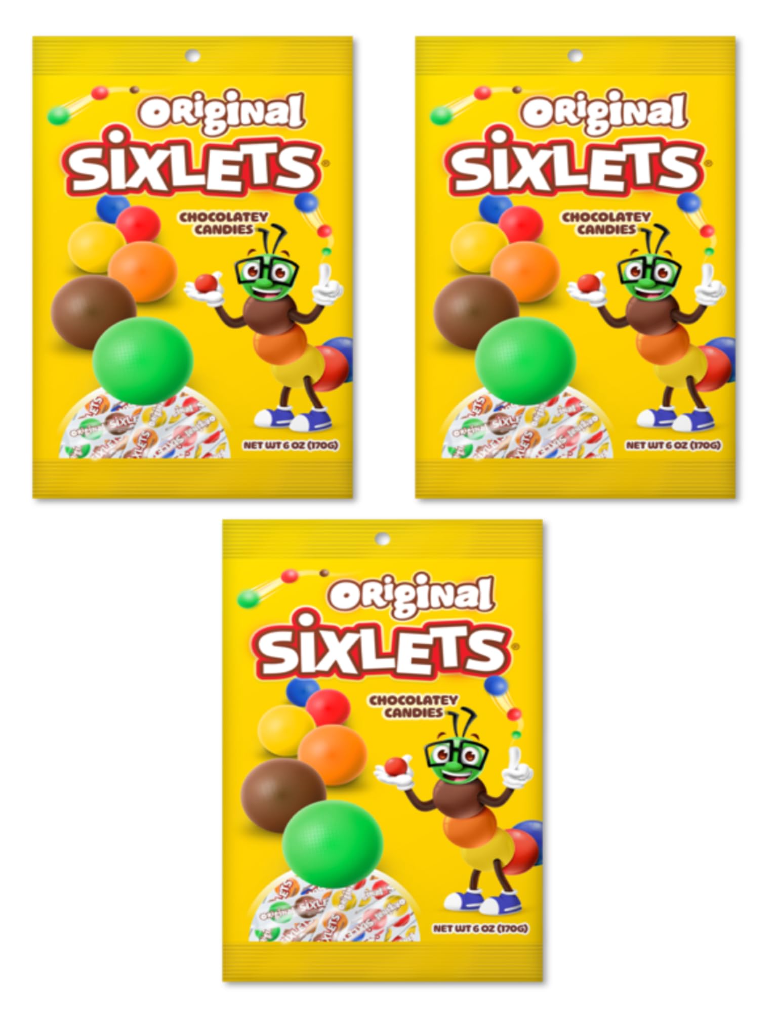 Sixlets Original candy shells close-up showing vibrant colors and a chocolatey center for festive desserts.