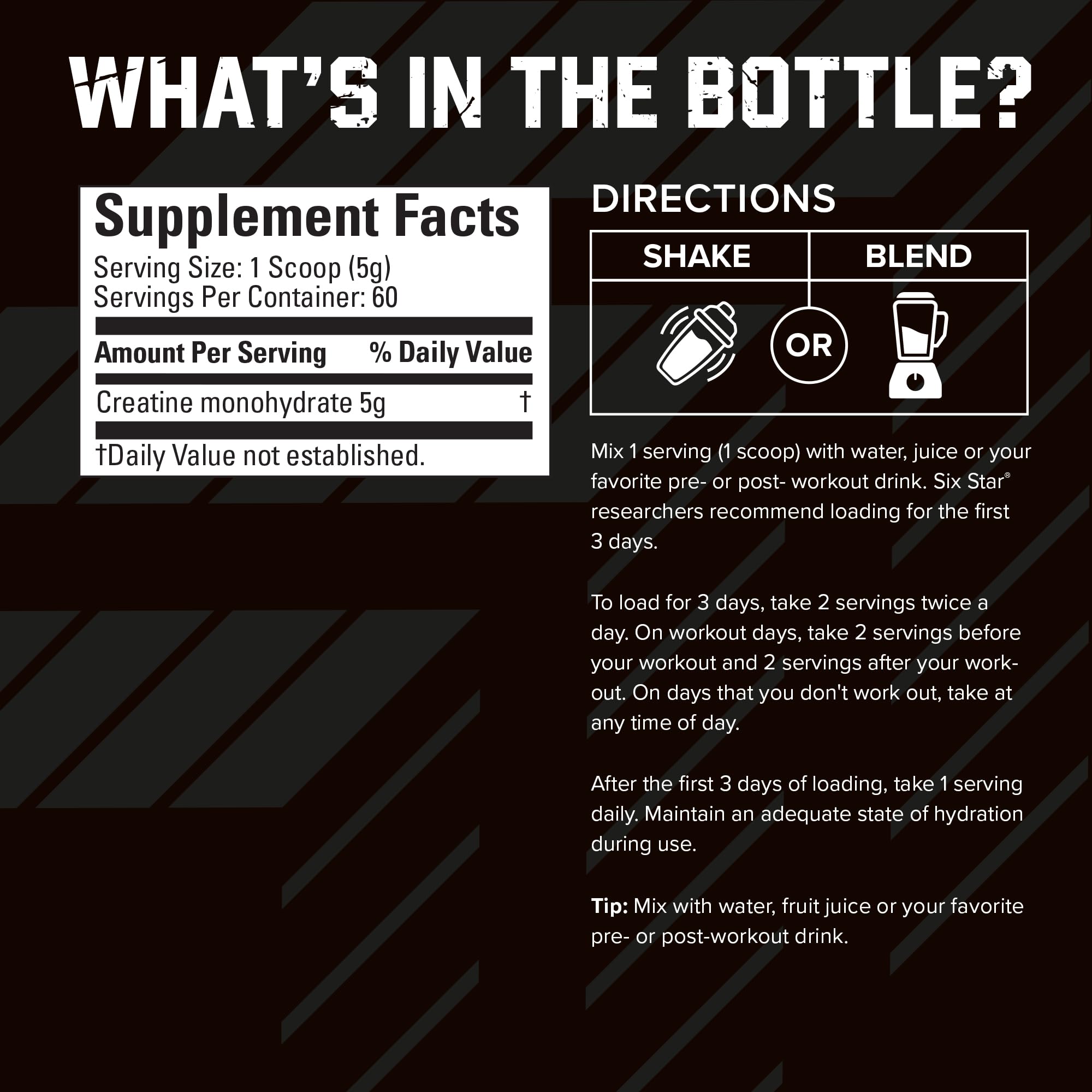 Six Star Creatine powder 60 servings container highlights value.