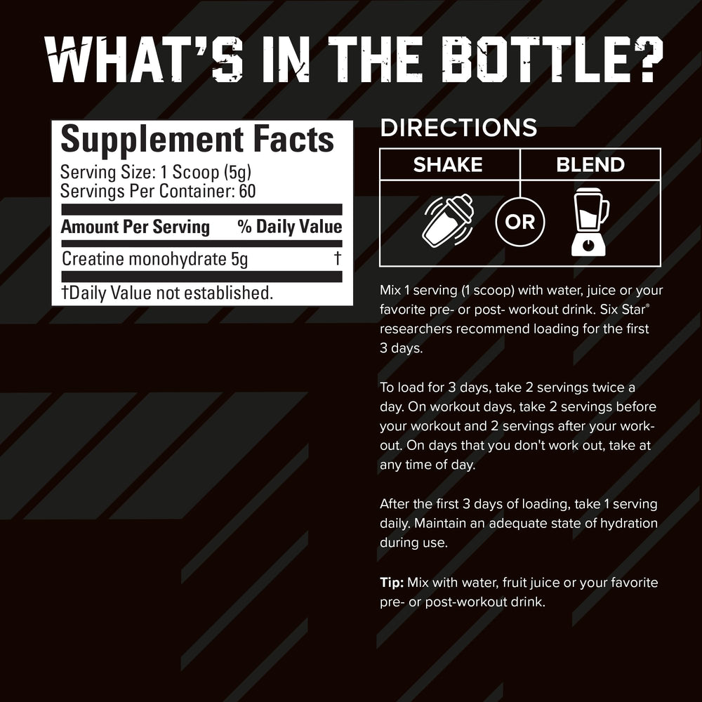 Six Star Creatine powder 60 servings container highlights value.
