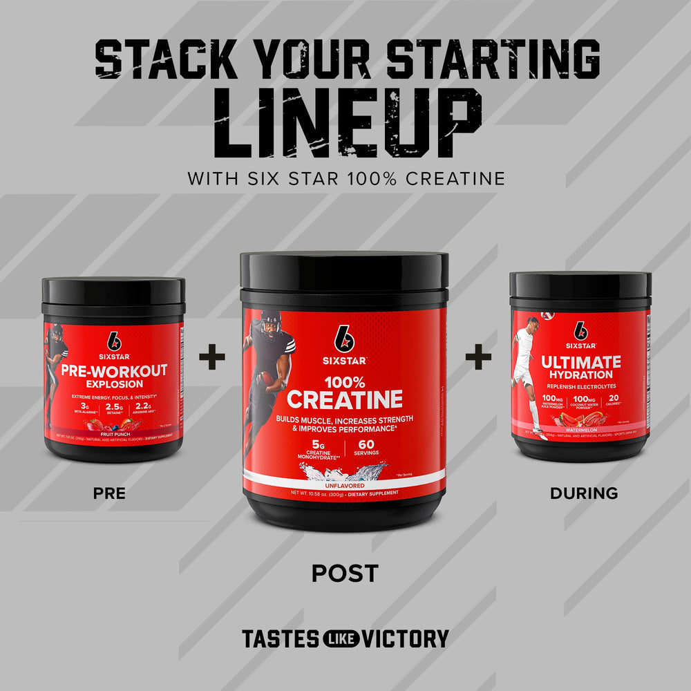 Six Star Creatine powder bottle on gym bench suggests daily use.