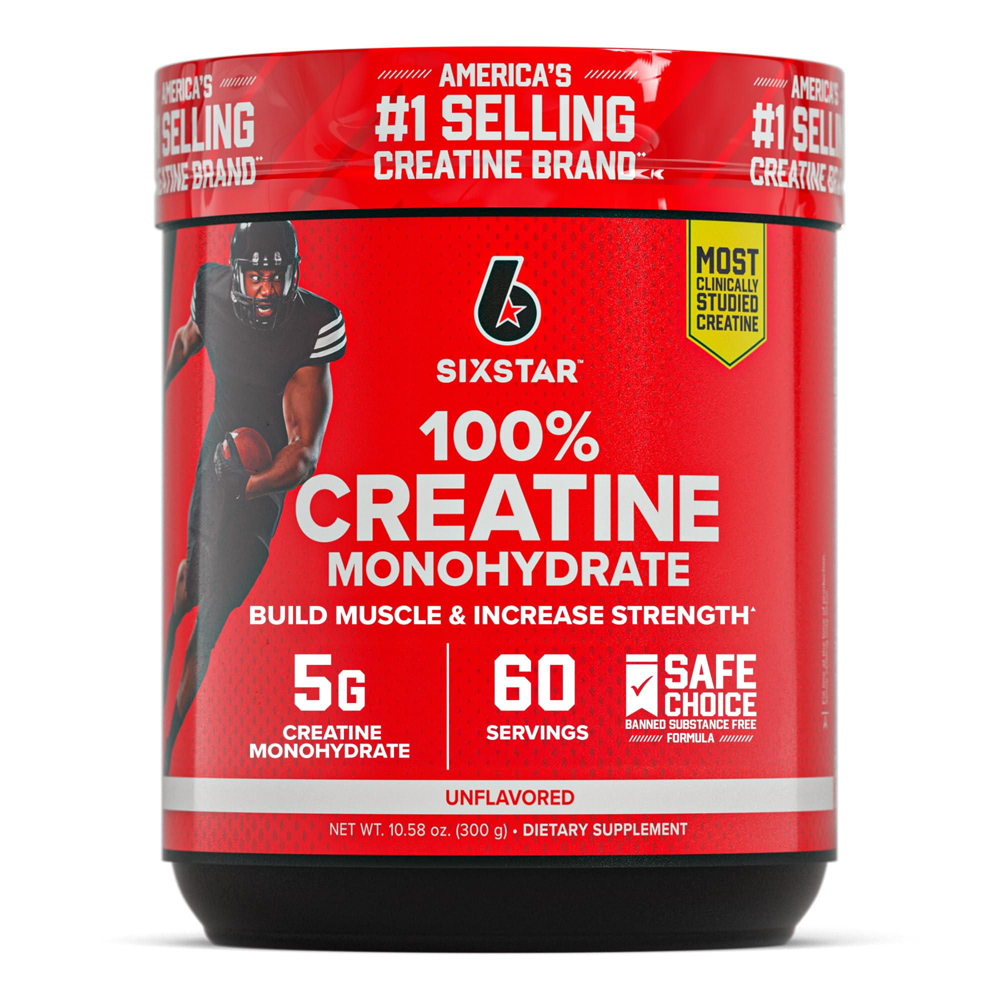 Six Star Creatine powder unflavored bottle for clean performance support.