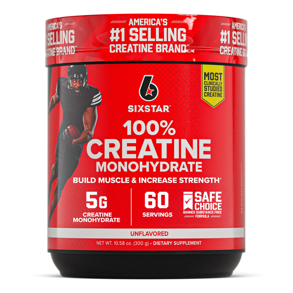 Six Star Creatine powder unflavored bottle for clean performance support.