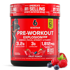 Six Star Pre-Workout Explosion 2.0 fruit punch tub front view for quick energy.