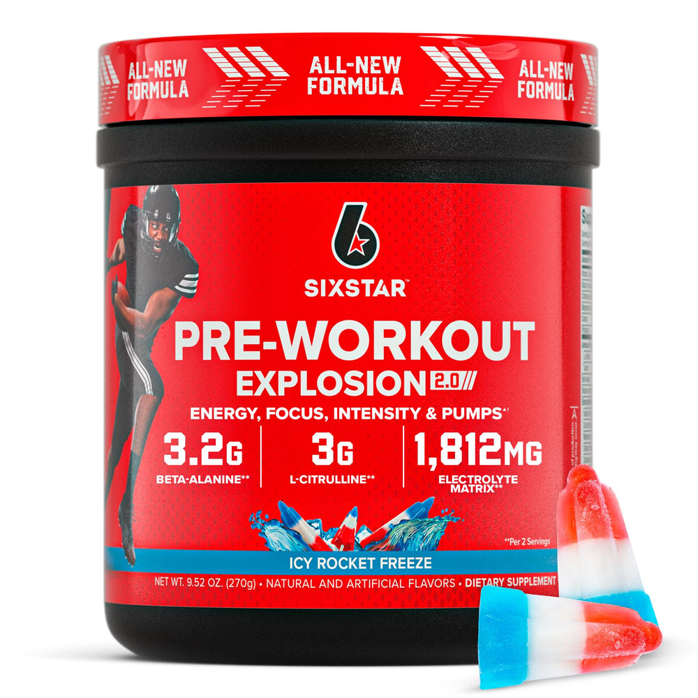 Six Star Pre-Workout Explosion 2.0 icy-rocket-freeze tub ready for a high-energy training session.