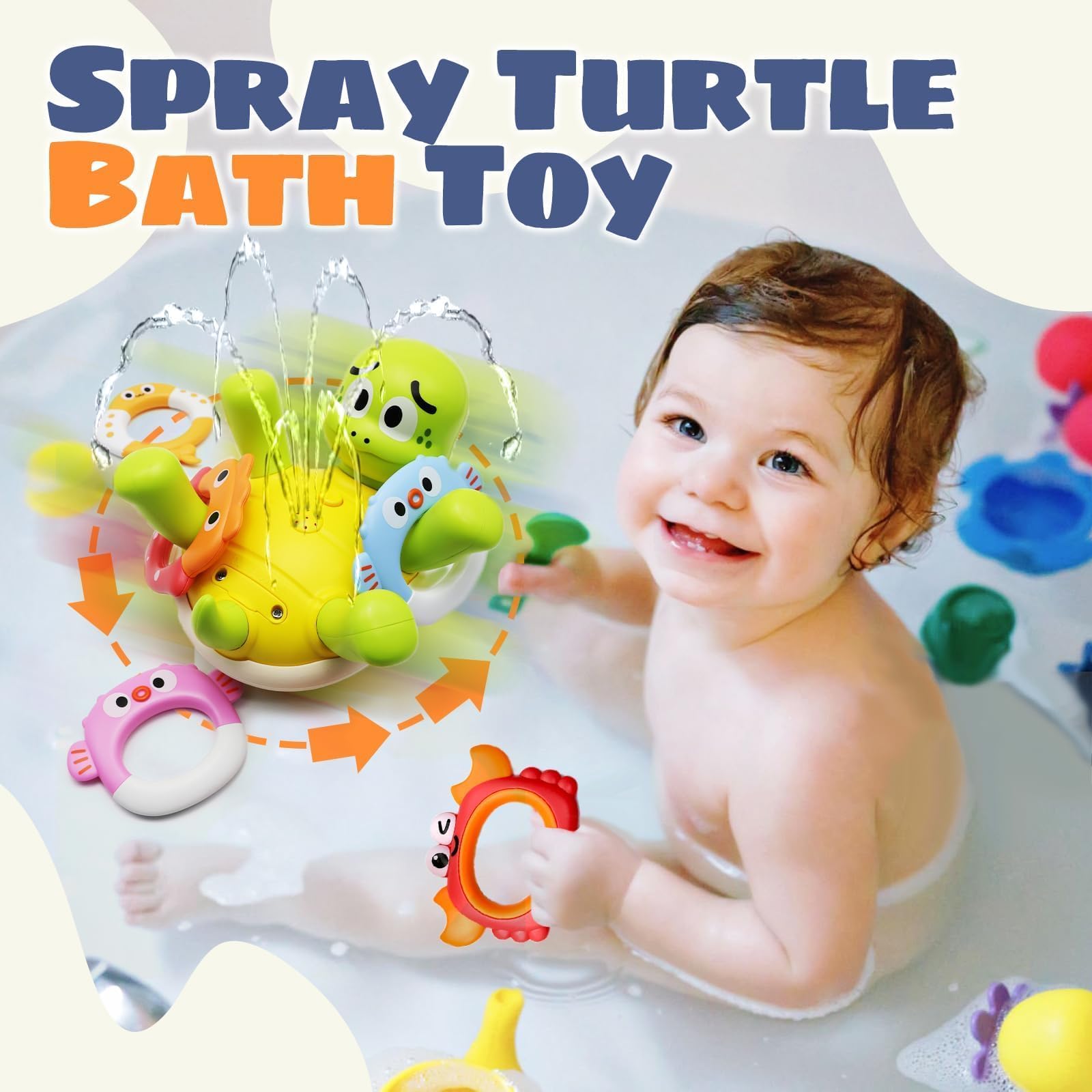 Sizobi turtle bath toy spins while spraying to engage little ones.