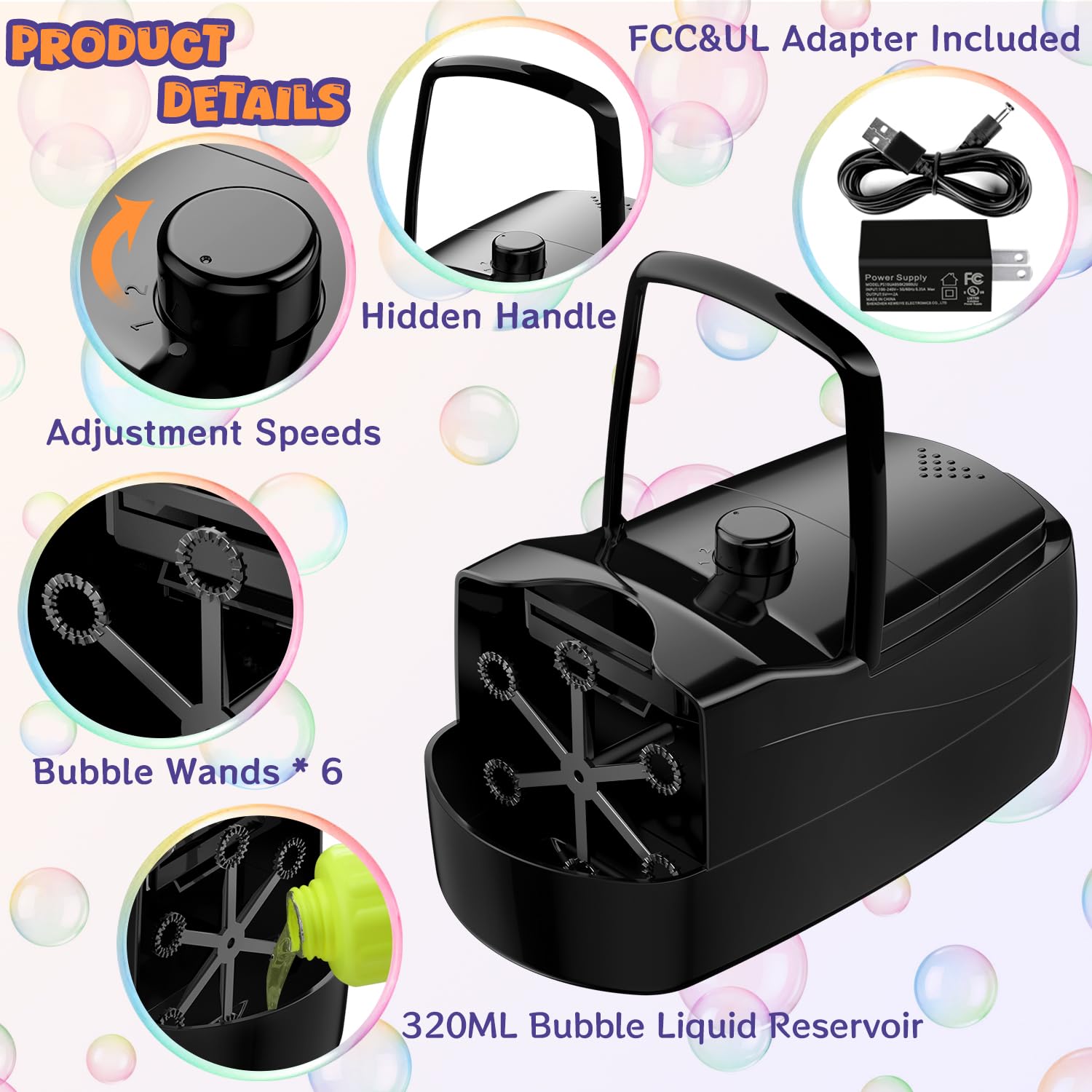 Sizonjoy bubble machine with large 320 ml liquid tank.