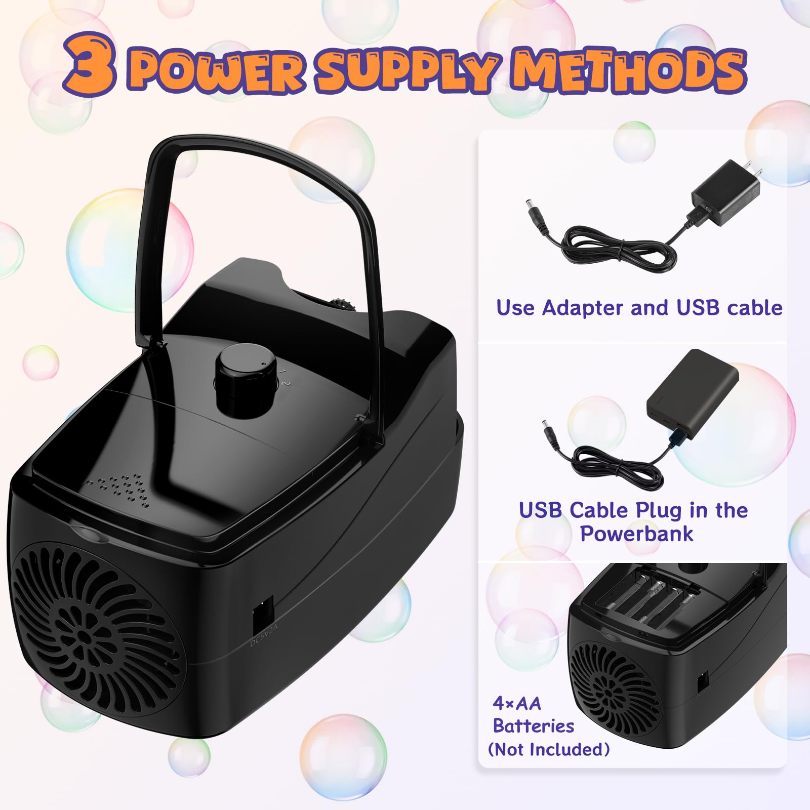 Sizonjoy bubble machine powered by USB or batteries.