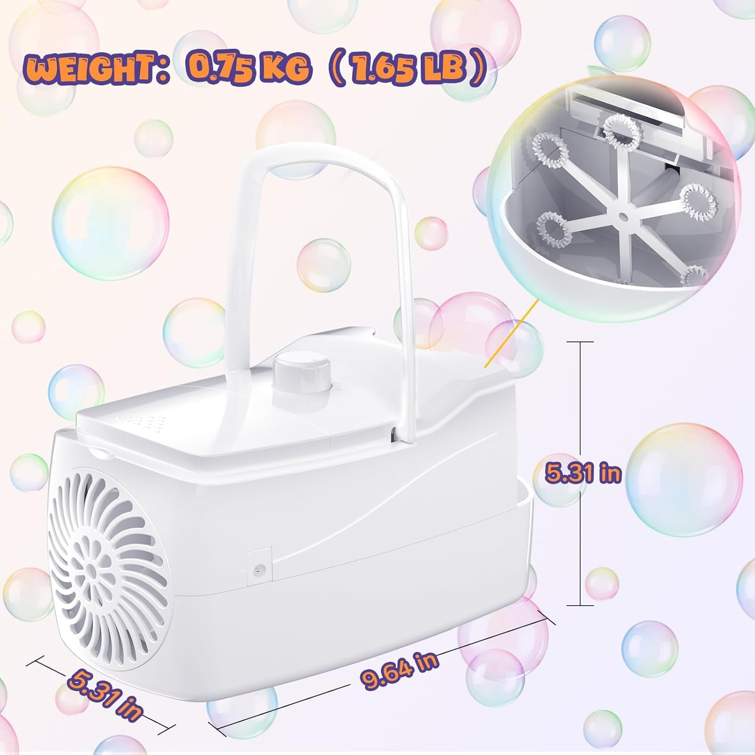 Sizonjoy Bubble Machine with bubble solution guide and safe-use tips.