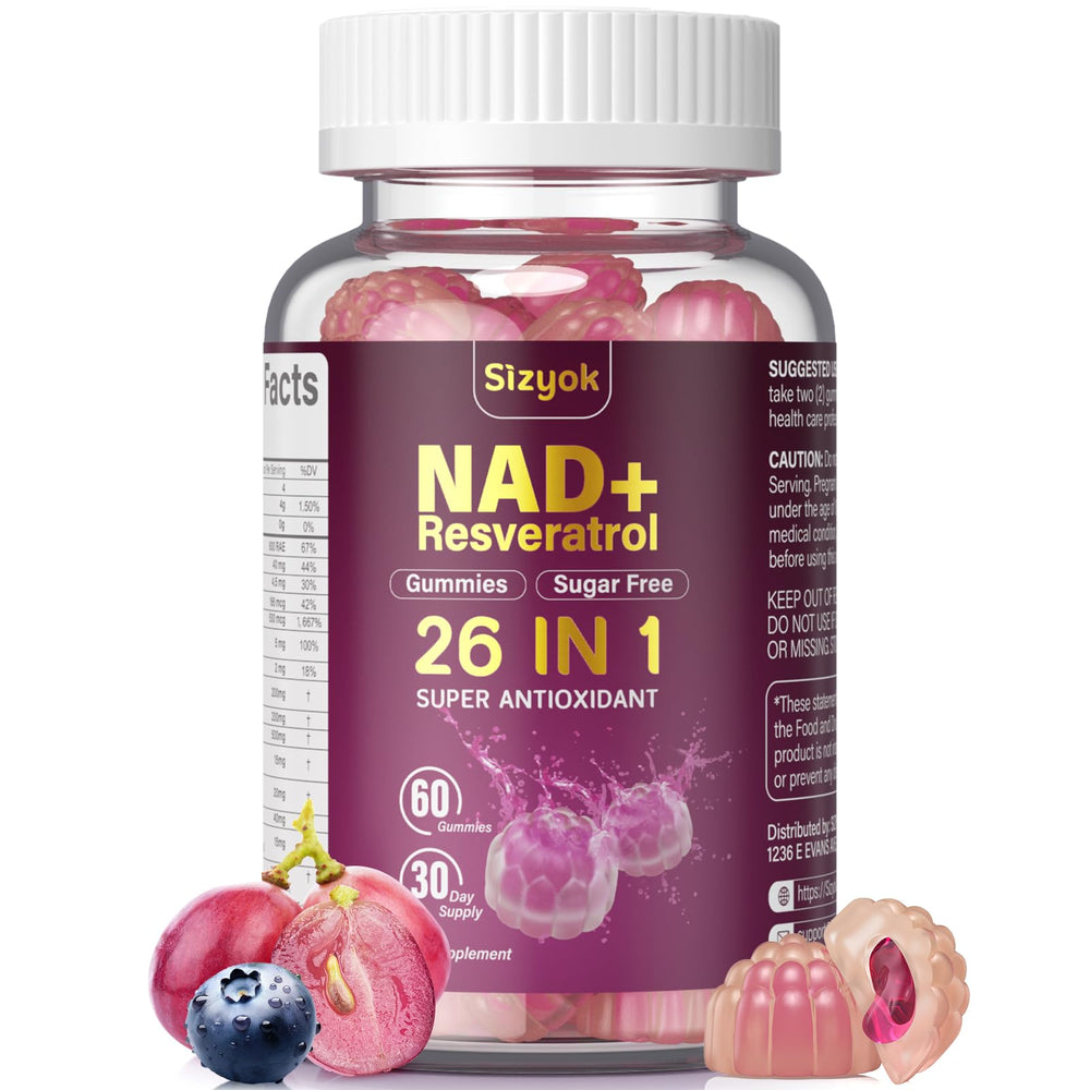 Sizyok NAD Resveratrol Gummies bottle showing 60 sugar-free gummies for daily antioxidant support.