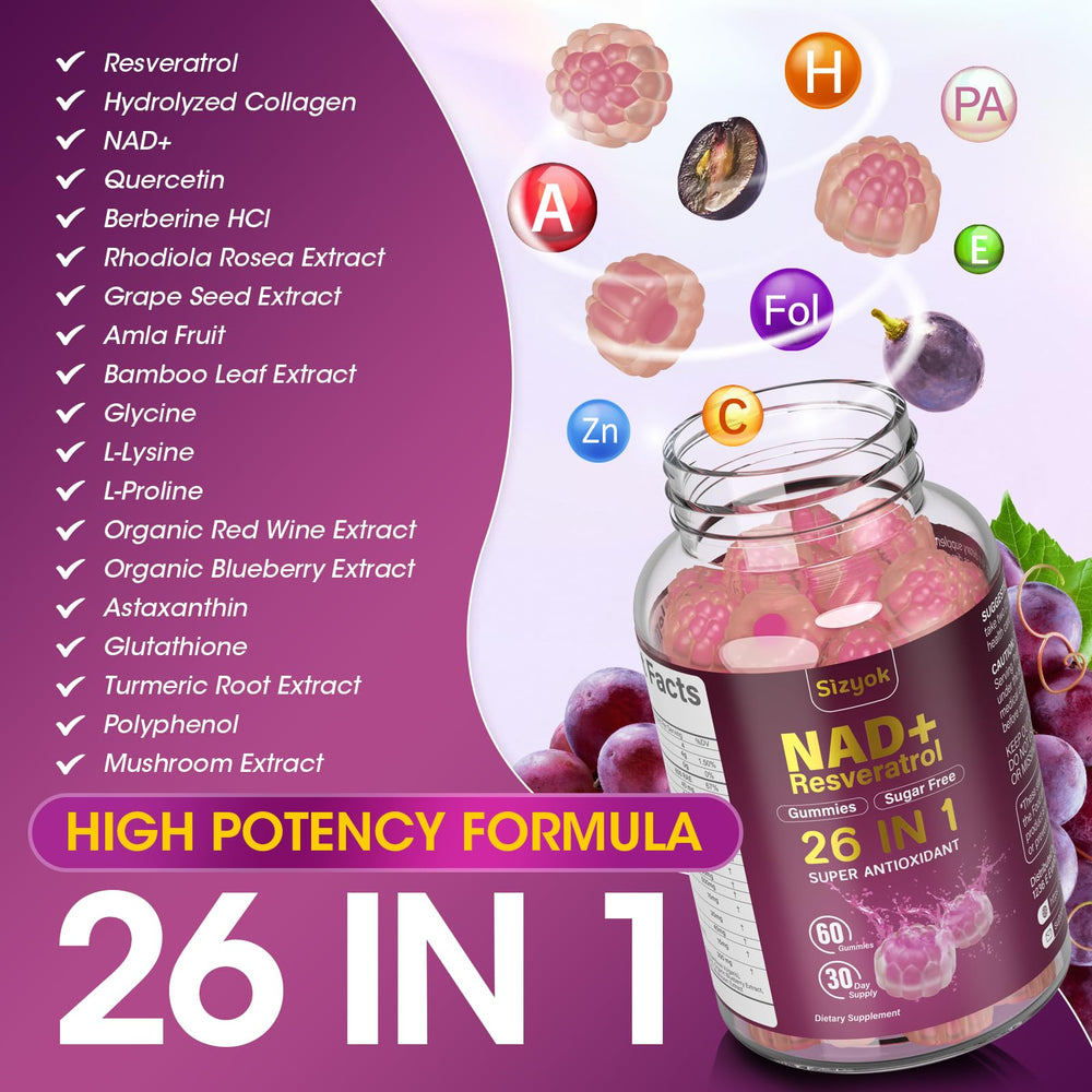 Sizyok NAD Resveratrol Gummies ingredients list with hydrolyzed collagen and grape seed extract.