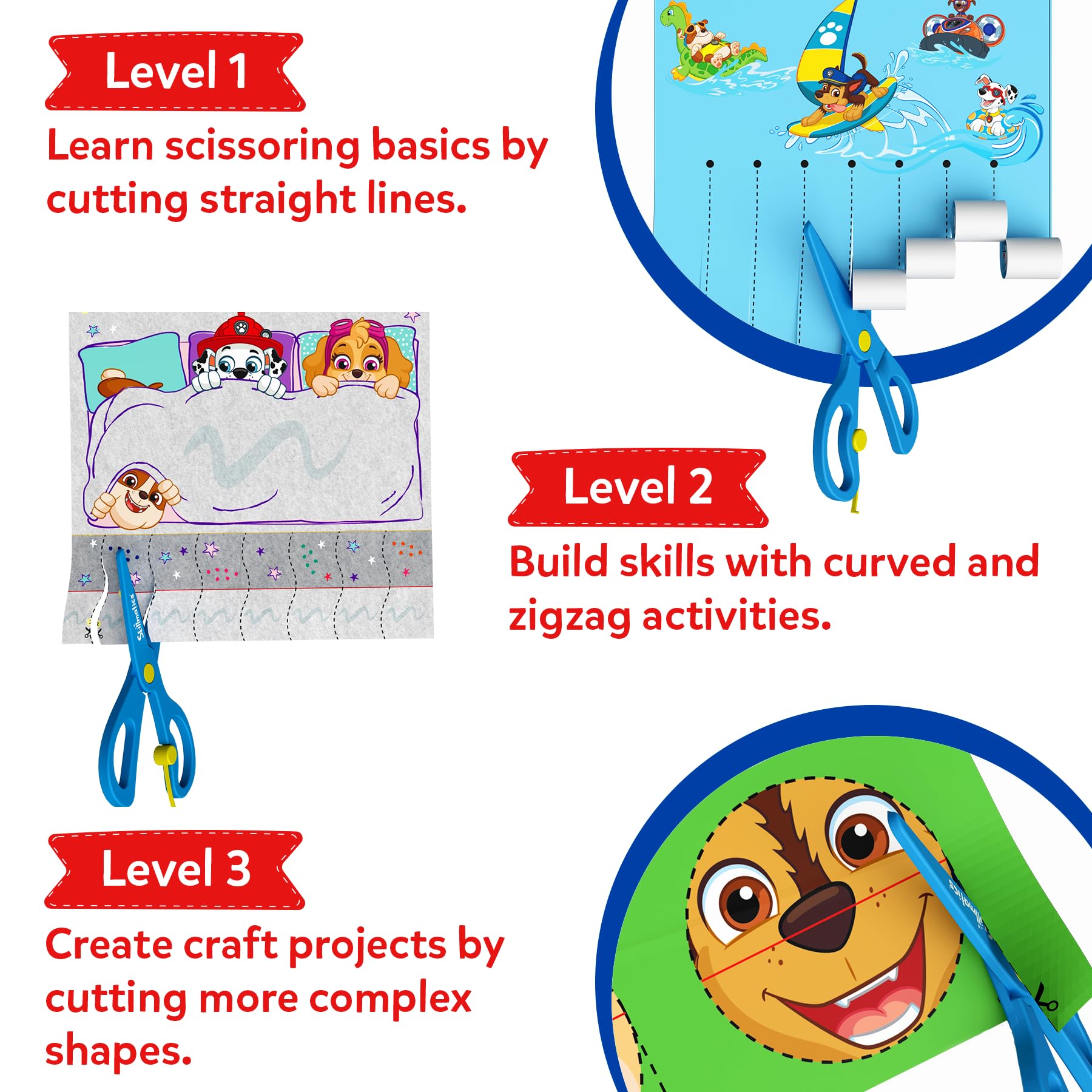 Two child-safe scissors included with Skillmatics kit for safe cutting.