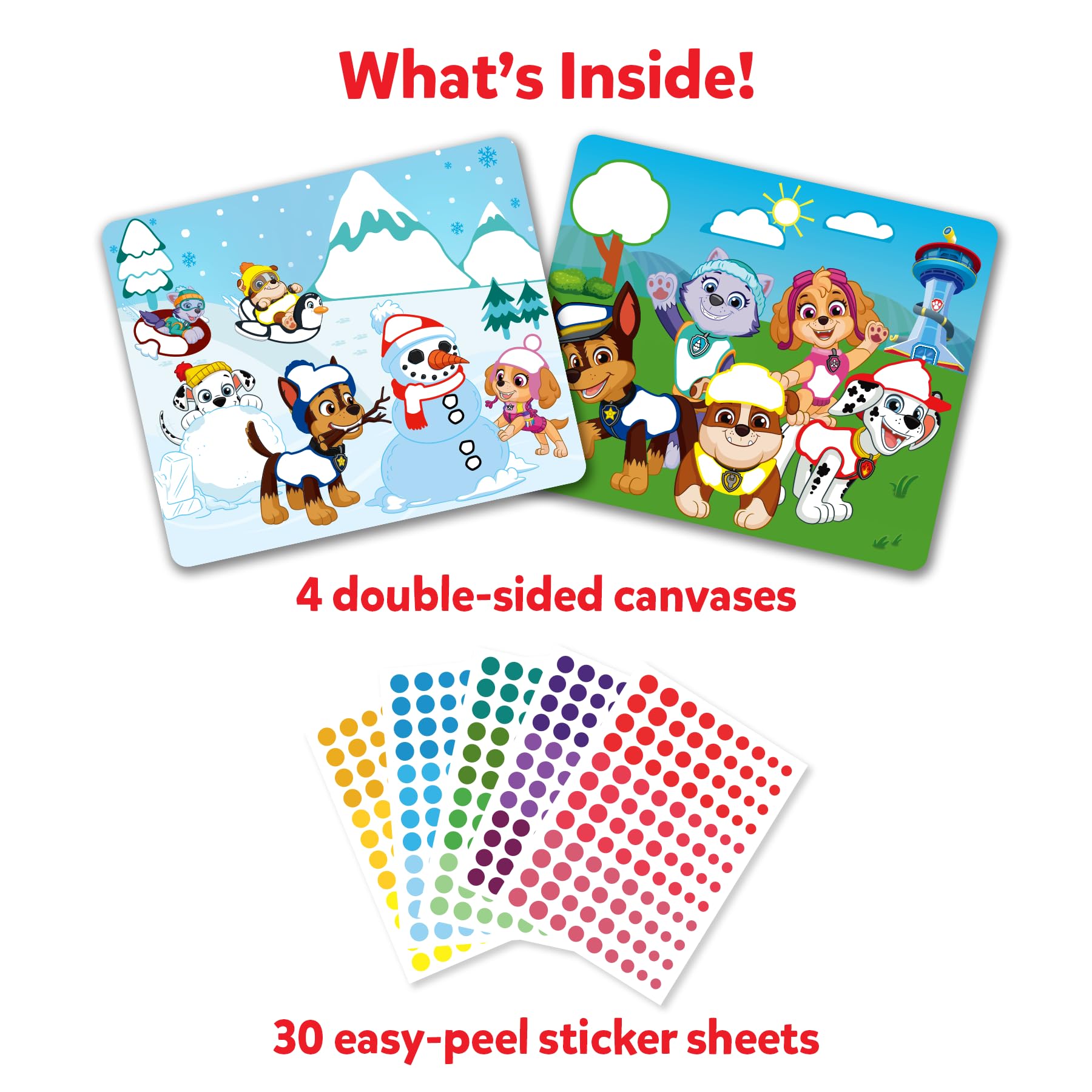 PAW Patrol sticker sheets and canvases from Skillmatics Dot It Sticker Art for mess-free crafting.
