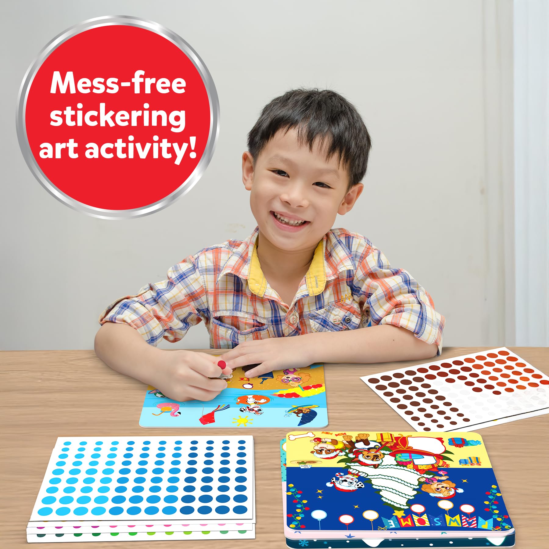 Paw Patrol sticker sheets on vibrant canvases ready for color and creativity.