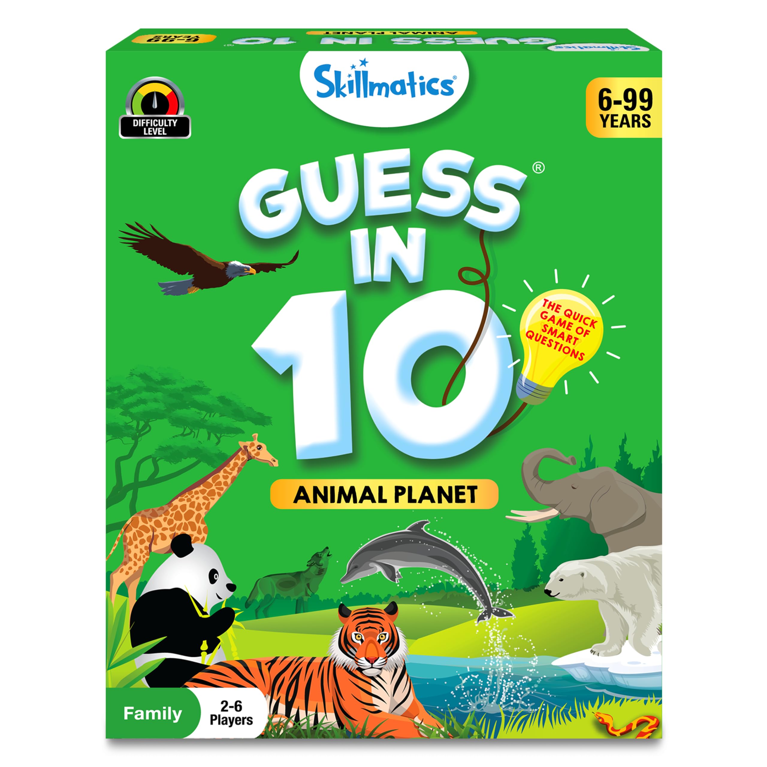 Skillmatics Guess in 10 Animal Planet game card close-up showing colorful animal silhouettes for fast play.