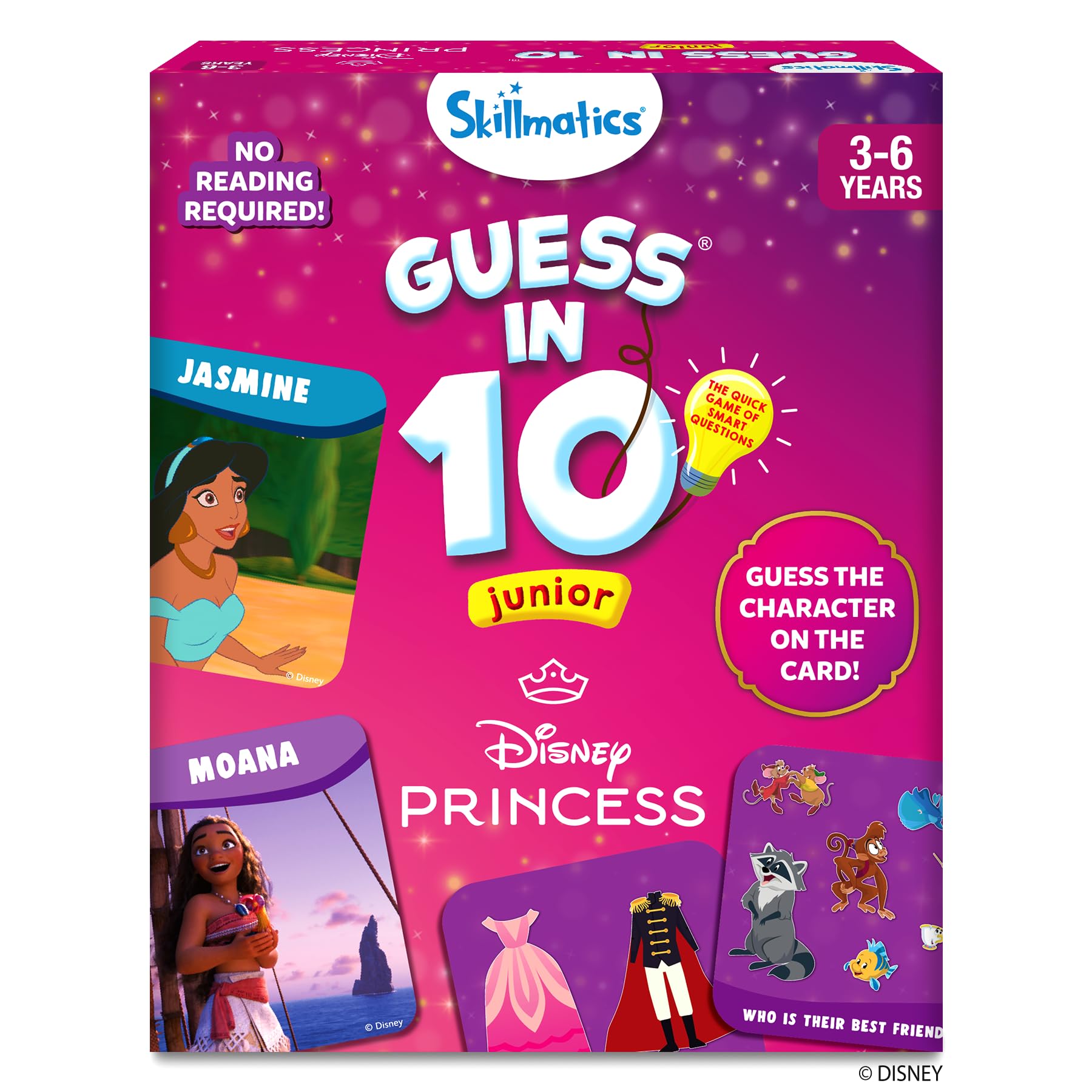 Skillmatics Guess in 10 Disney Princess game card with a character clue for quick guessing