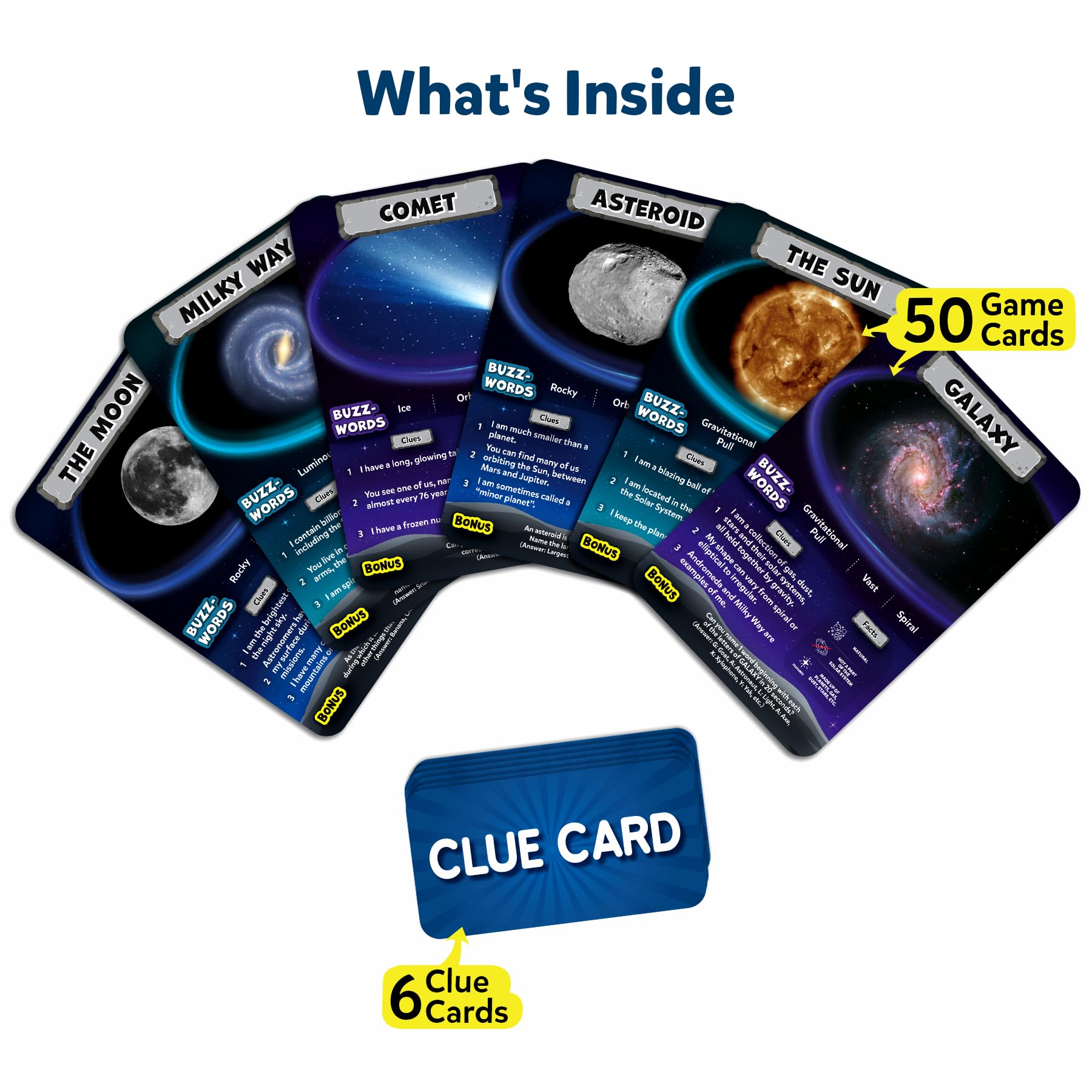 Skillmatics Guess in 10 game cards showcase planets and stars for engaging play.