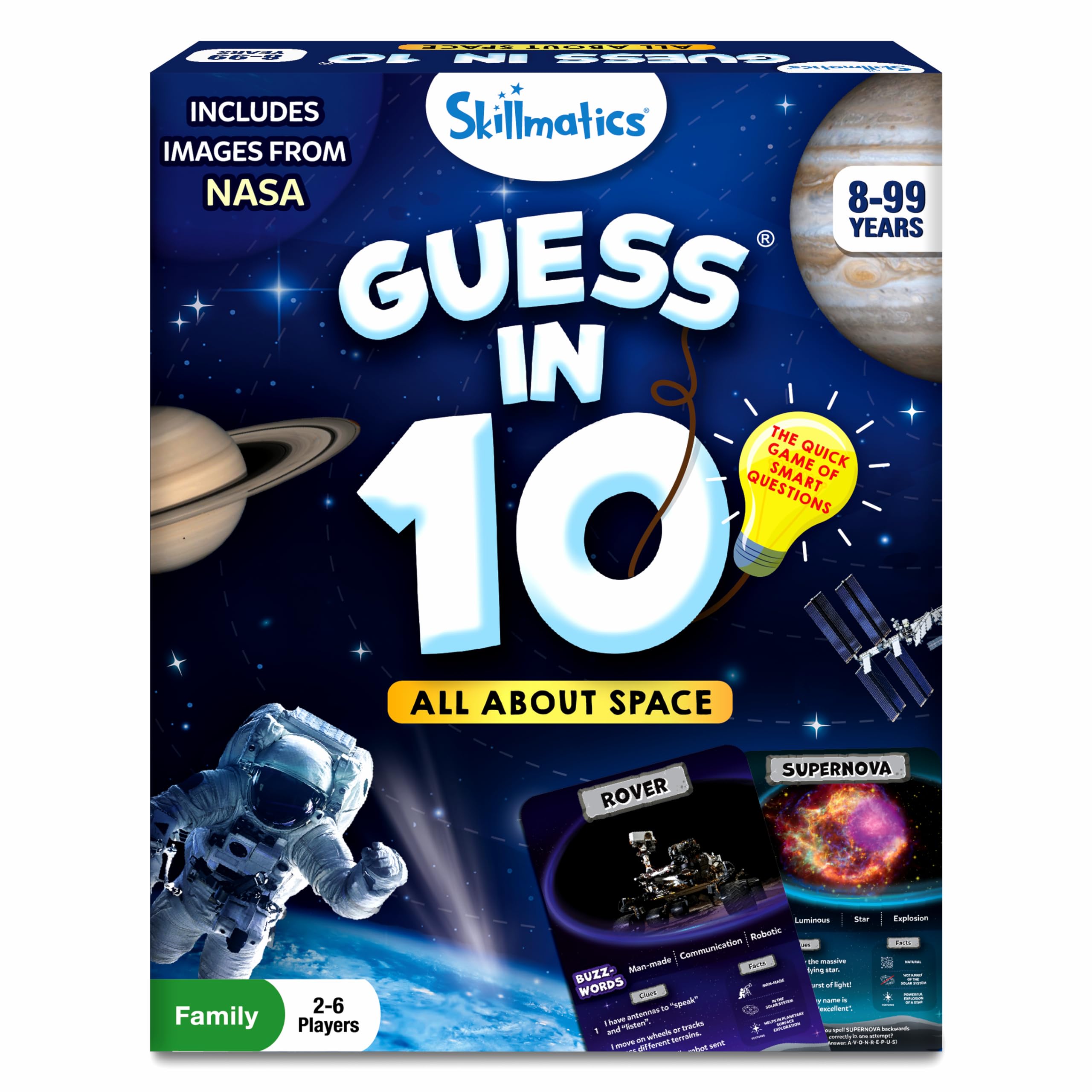 Skillmatics Guess in 10 NASA Space card, vivid imagery spurring curiosity about space.