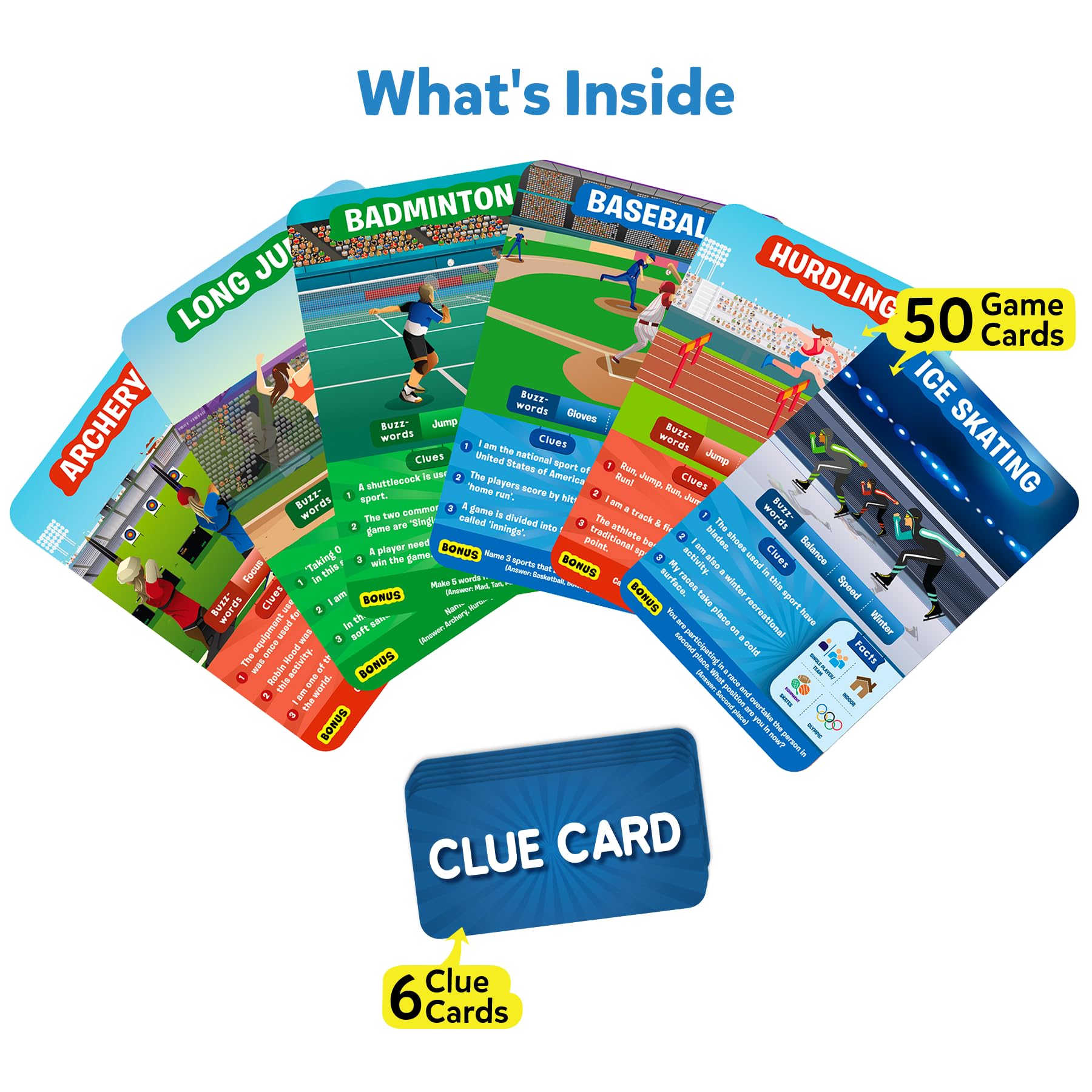 Skillmatics Guess in 10 Sports clue cards spark strategic questioning.