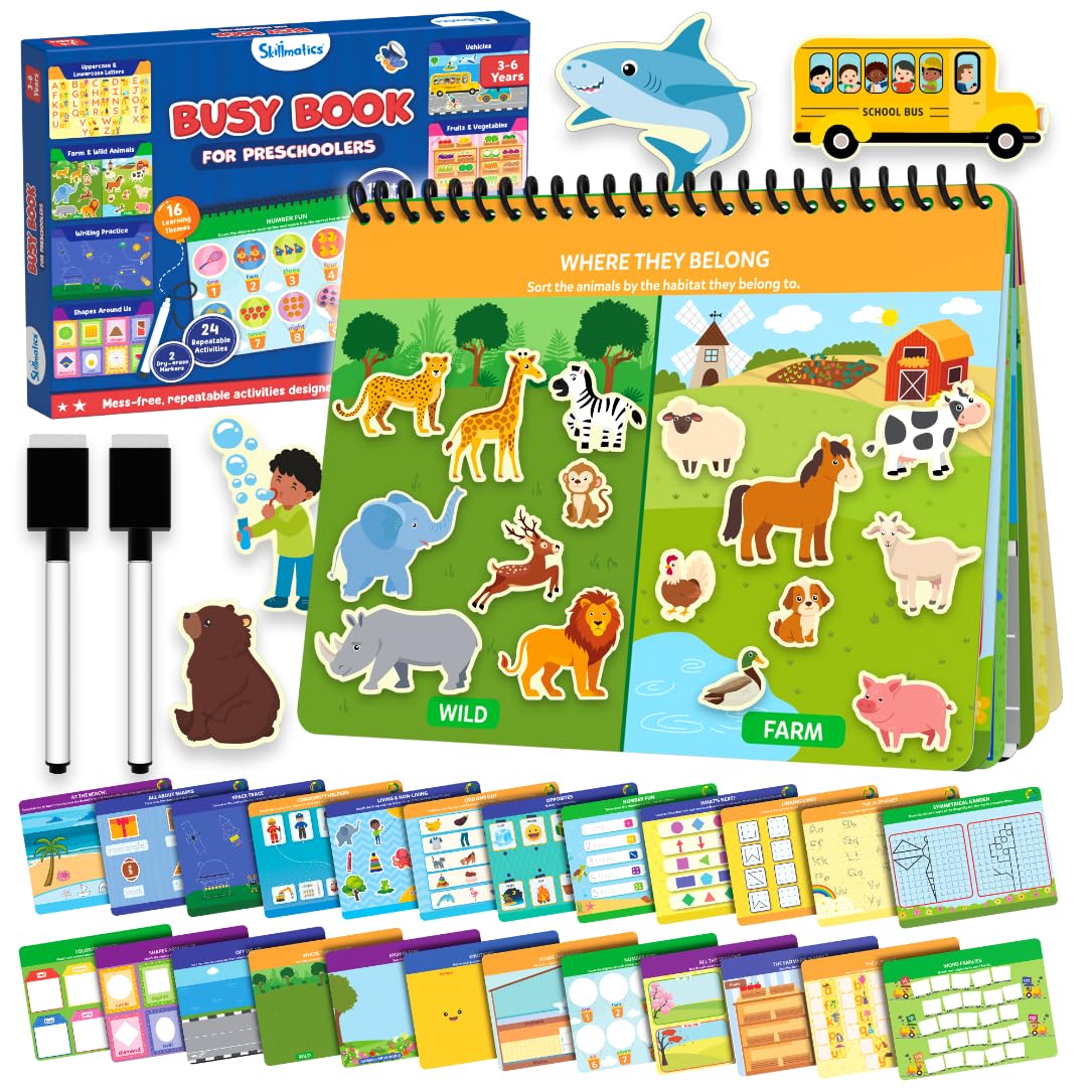 Skillmatics Montessori Busy Book cover with bright, inviting activities.