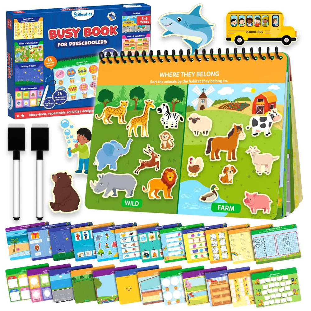 Skillmatics Montessori Busy Book cover with bright, inviting activities.